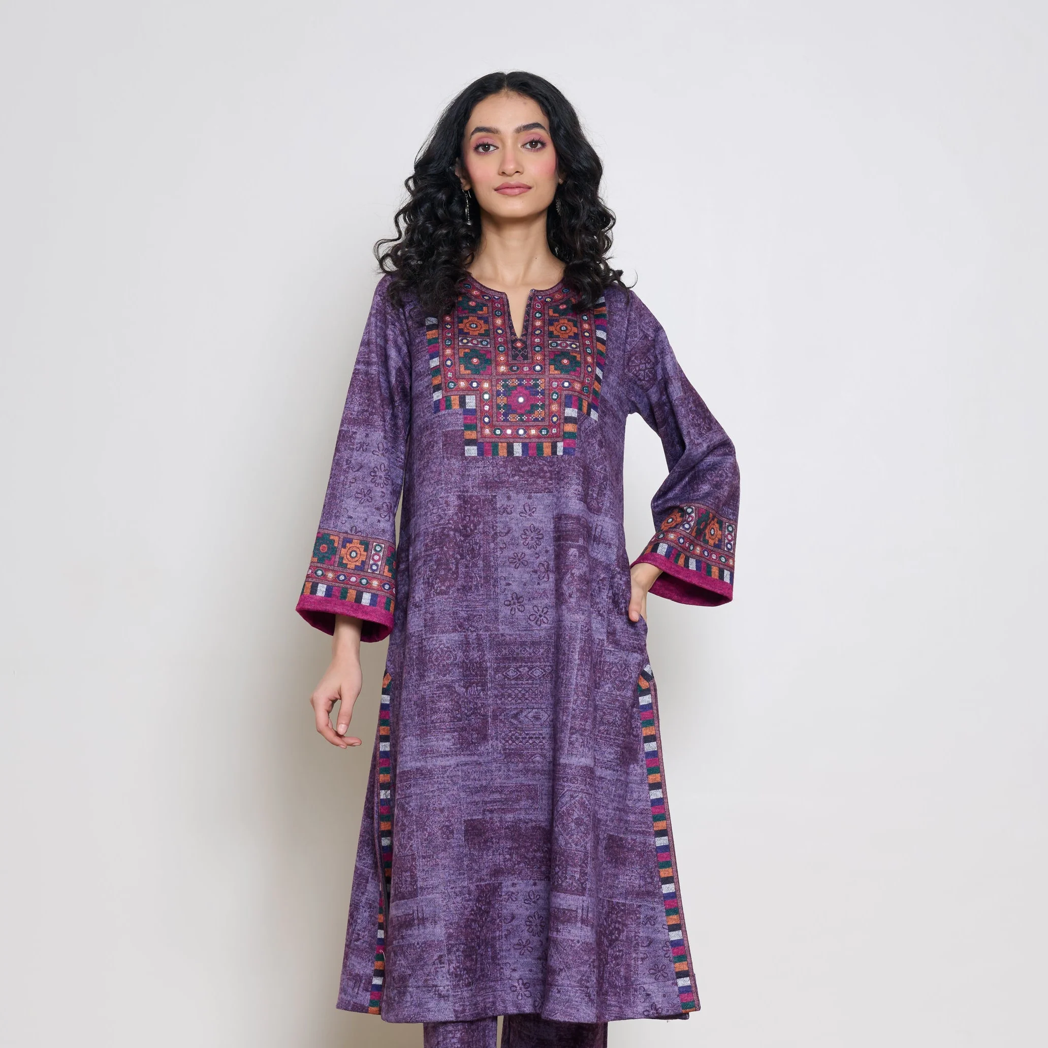 Banjara Woollen Hand Embroidered Kurta - Cherry Lacquer - Image 7