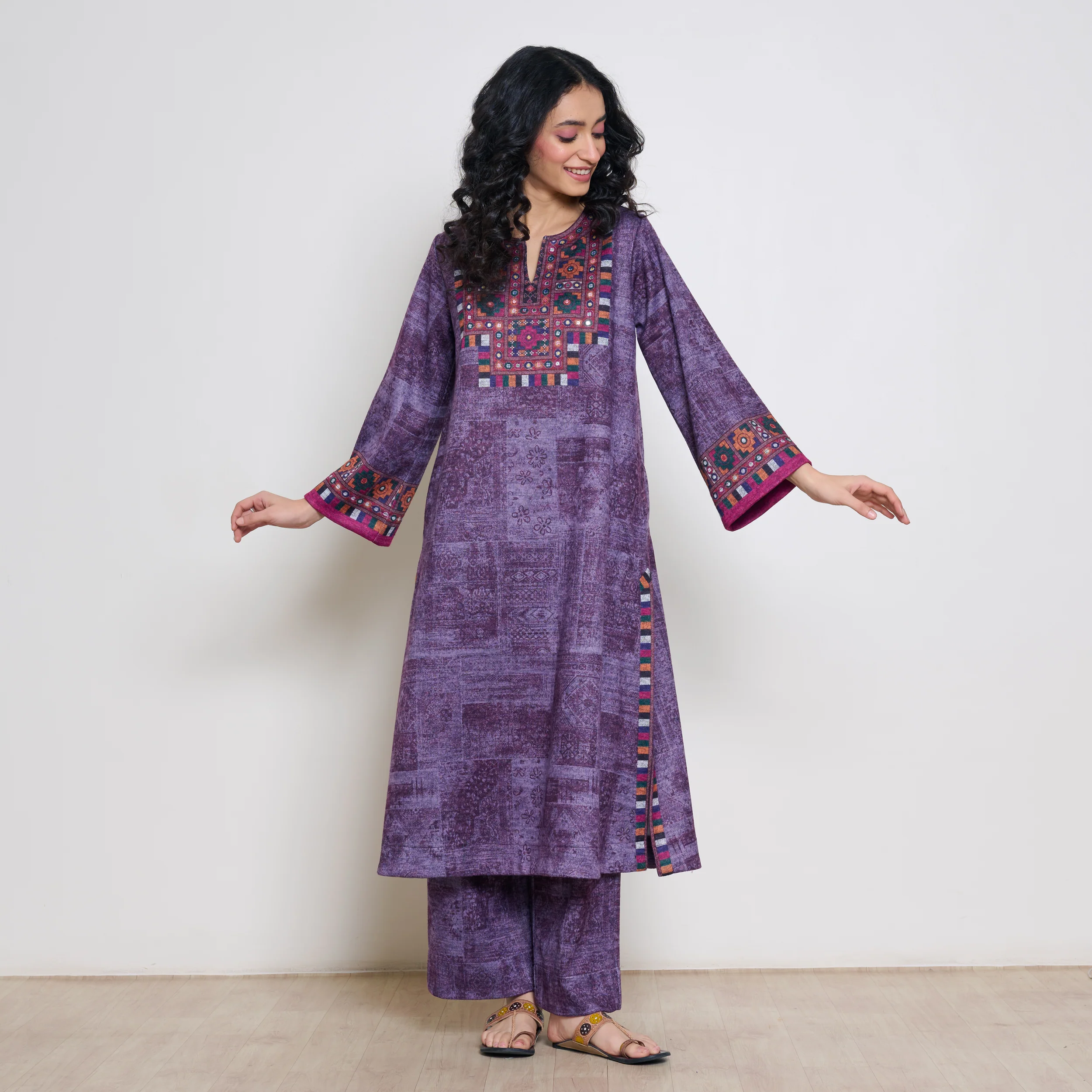 Banjara Woollen Hand Embroidered Kurta Set - Cherry Lacquer
