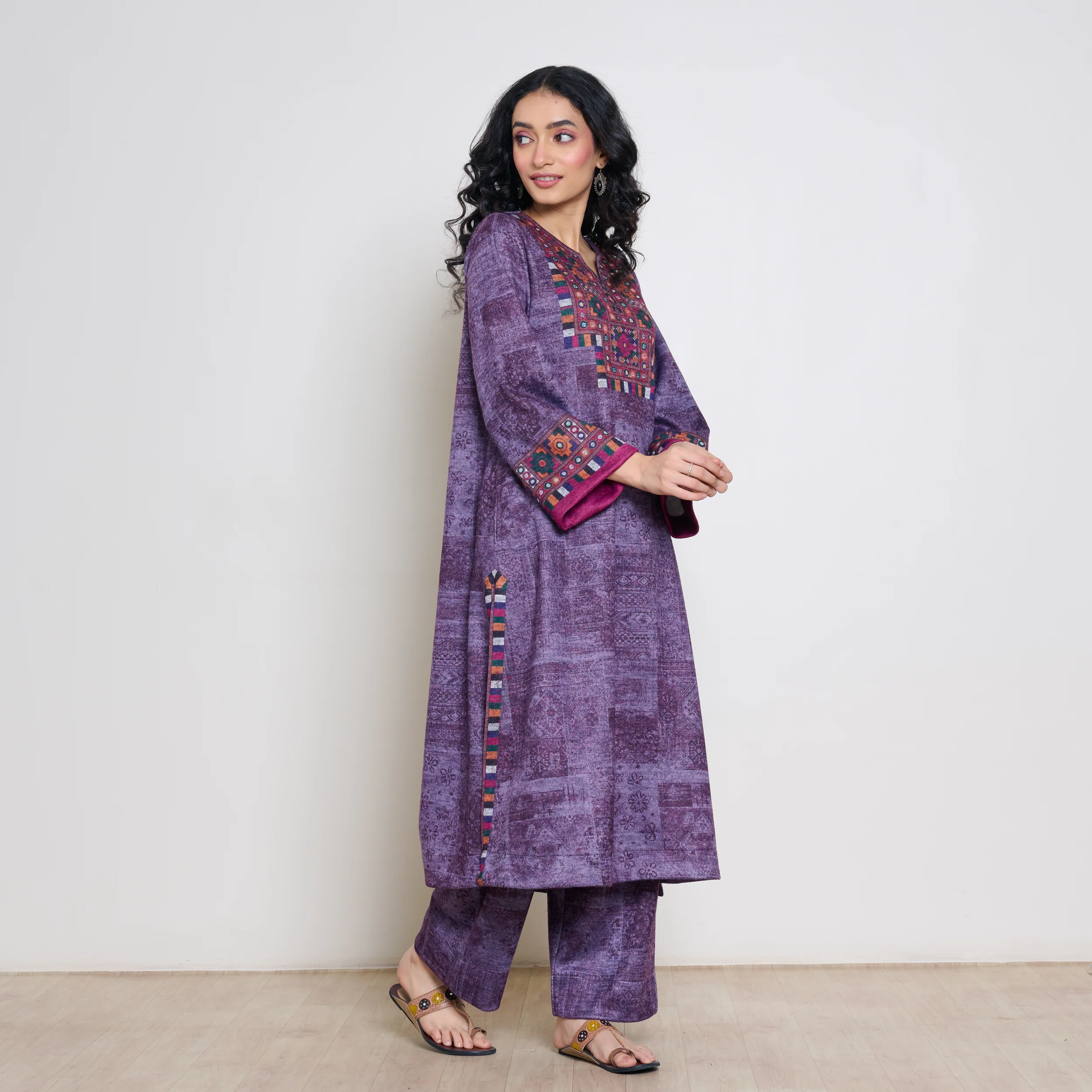 Banjara Woollen Hand Embroidered Kurta Set - Cherry Lacquer - Image 6