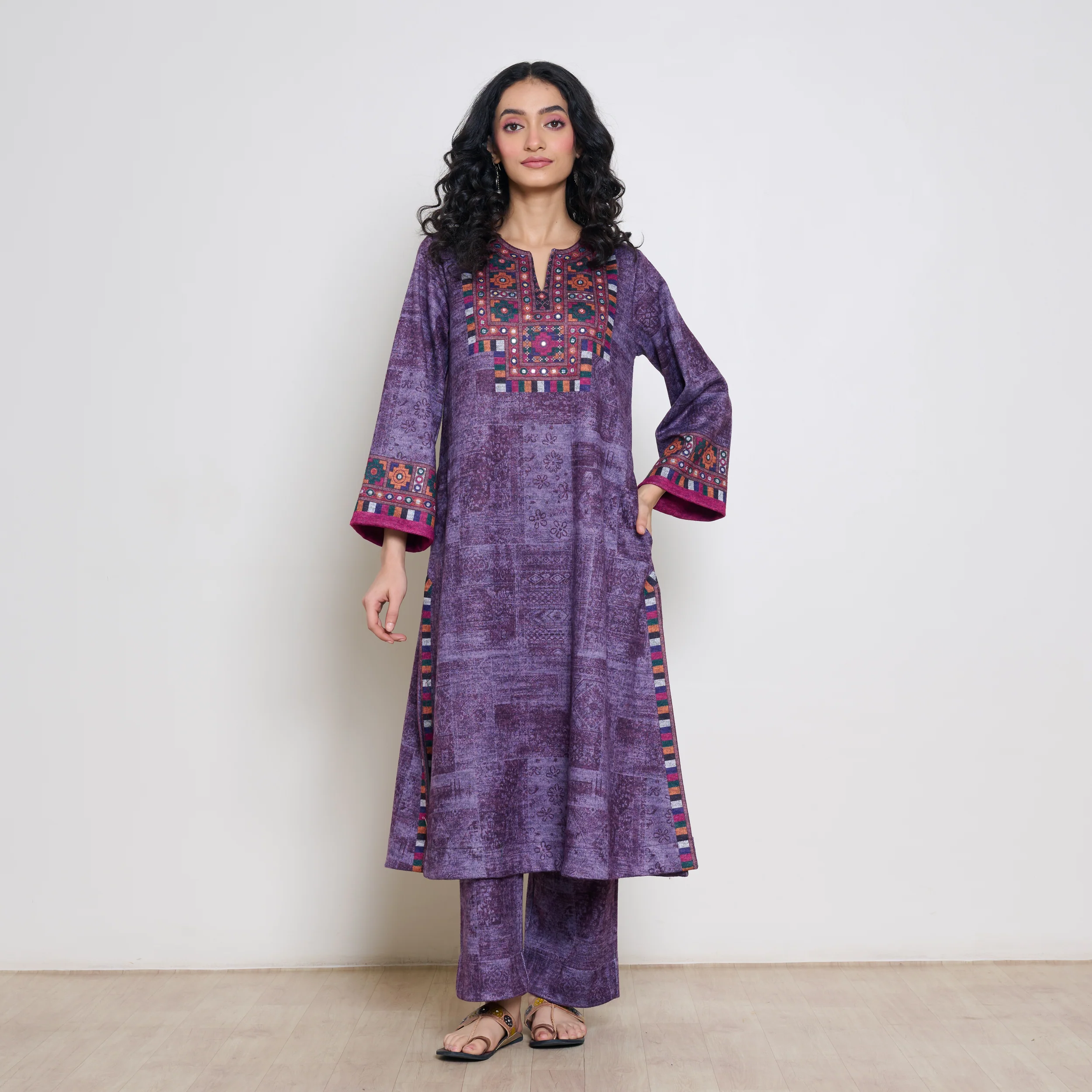 Banjara Woollen Hand Embroidered Kurta Set - Cherry Lacquer - Image 8