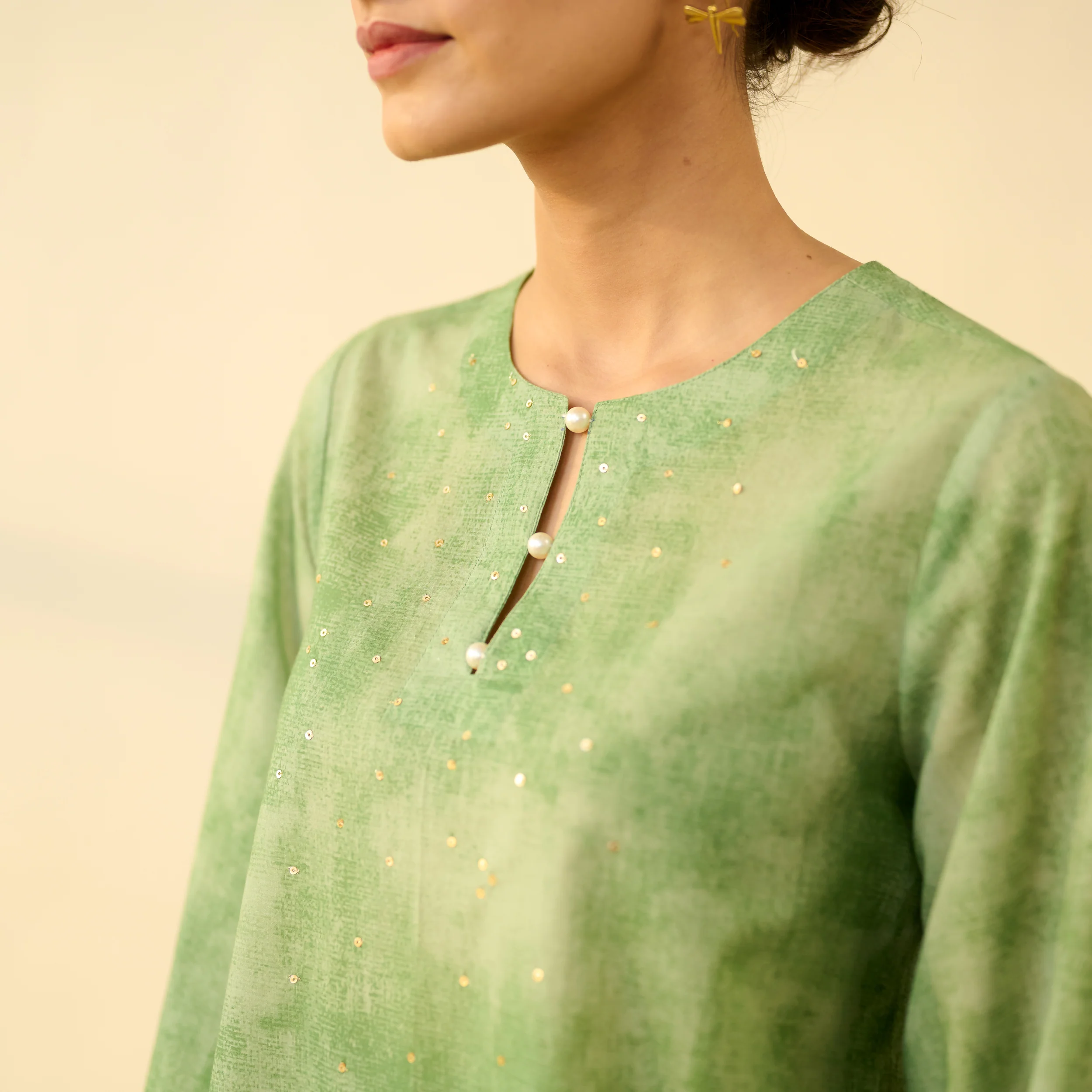 Basant Hand Embroidered Mulmul Cotton Farshi Set - Sage Green - Image 3