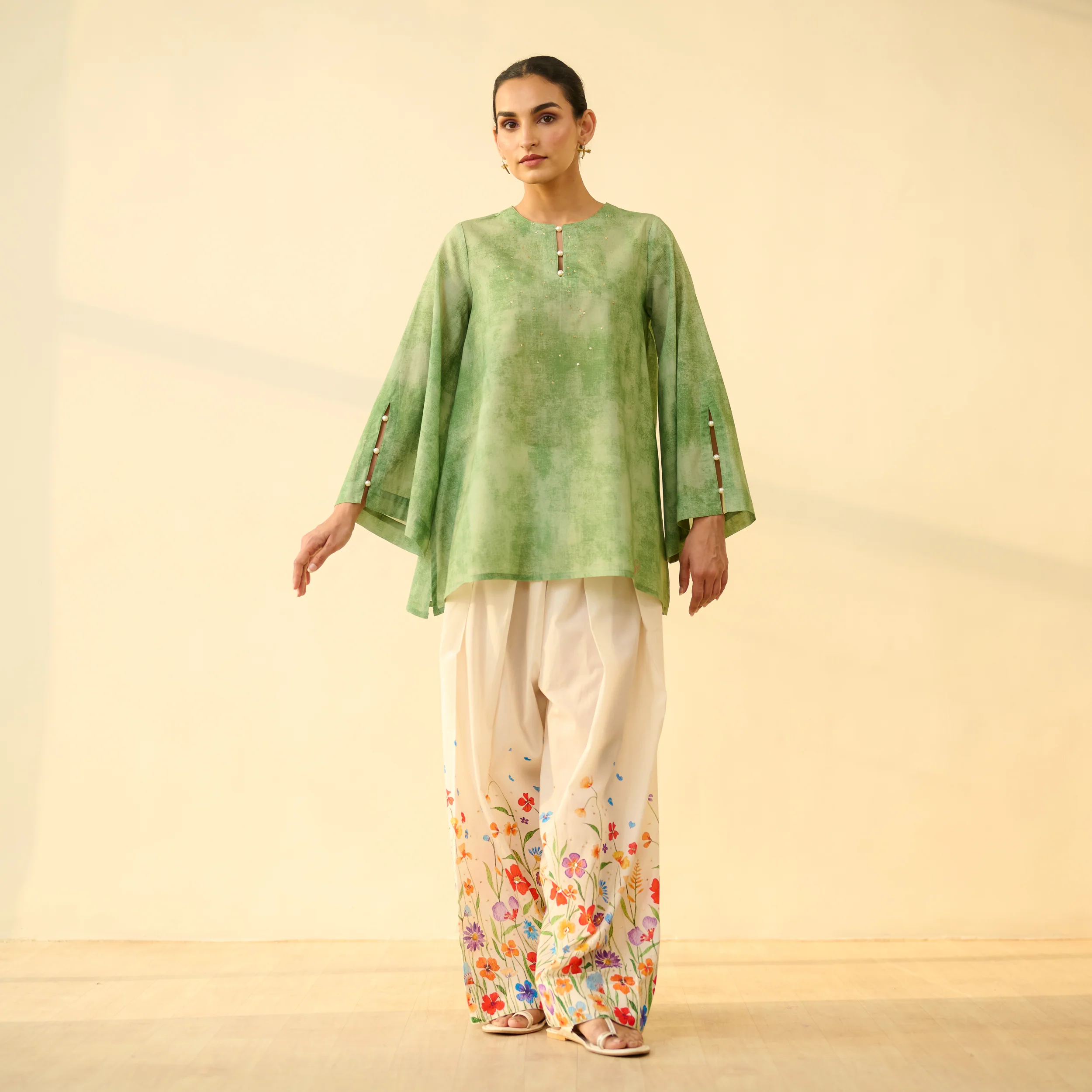 Basant Hand Embroidered Mulmul Cotton Farshi Set - Sage Green - Image 4