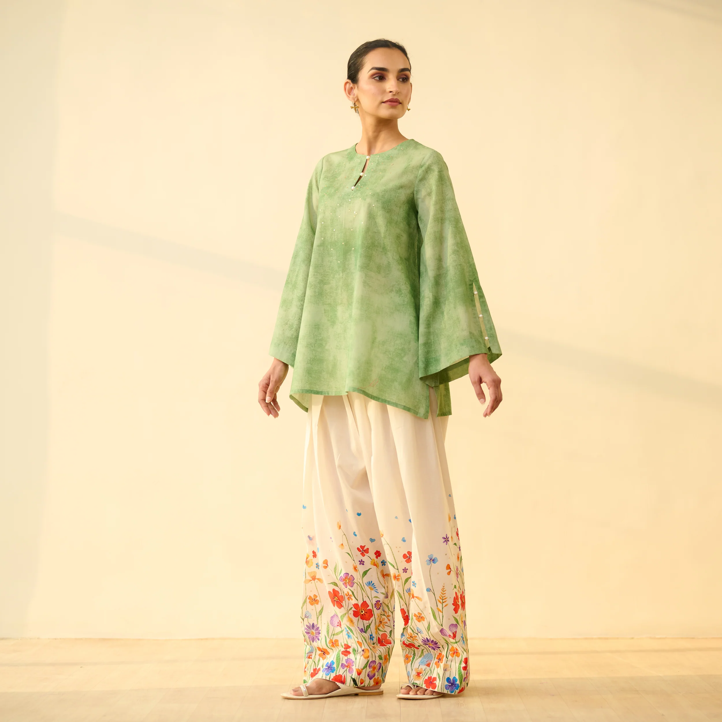 Basant Hand Embroidered Mulmul Cotton Farshi Set - Sage Green - Image 7