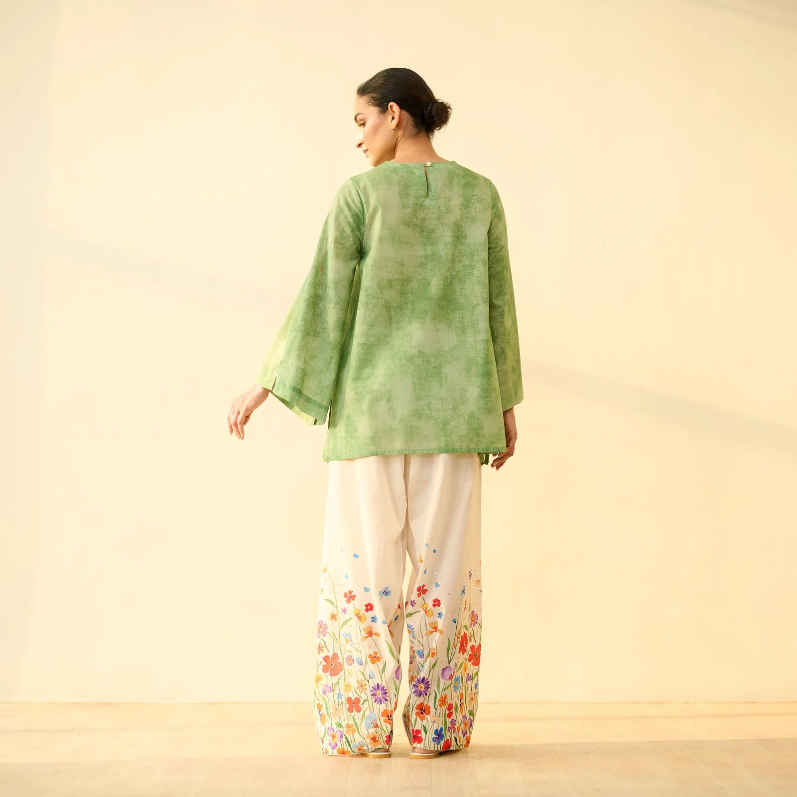 Basant Hand Embroidered Mulmul Cotton Farshi Set - Sage Green - Image 9