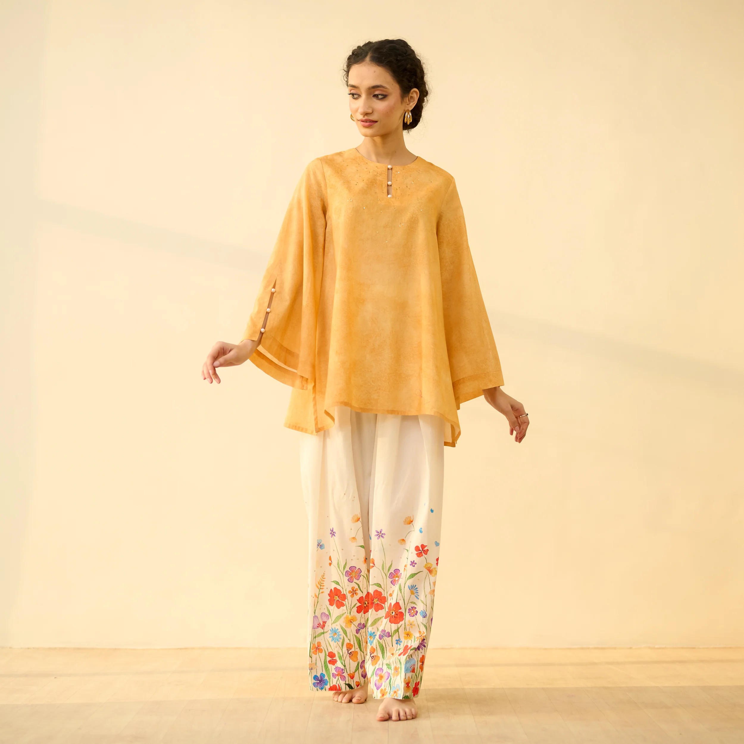 Basant Hand Embroidered Mulmul Cotton Farshi Set - Turmeric Yellow