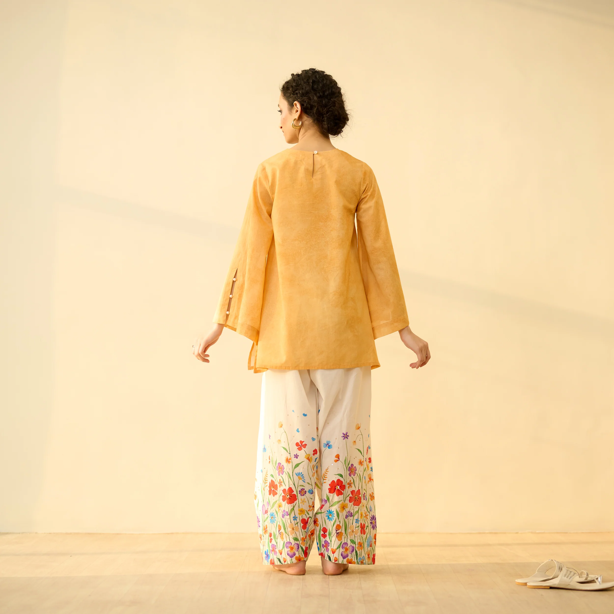 Basant Hand Embroidered Mulmul Cotton Farshi Set - Turmeric Yellow - Image 10