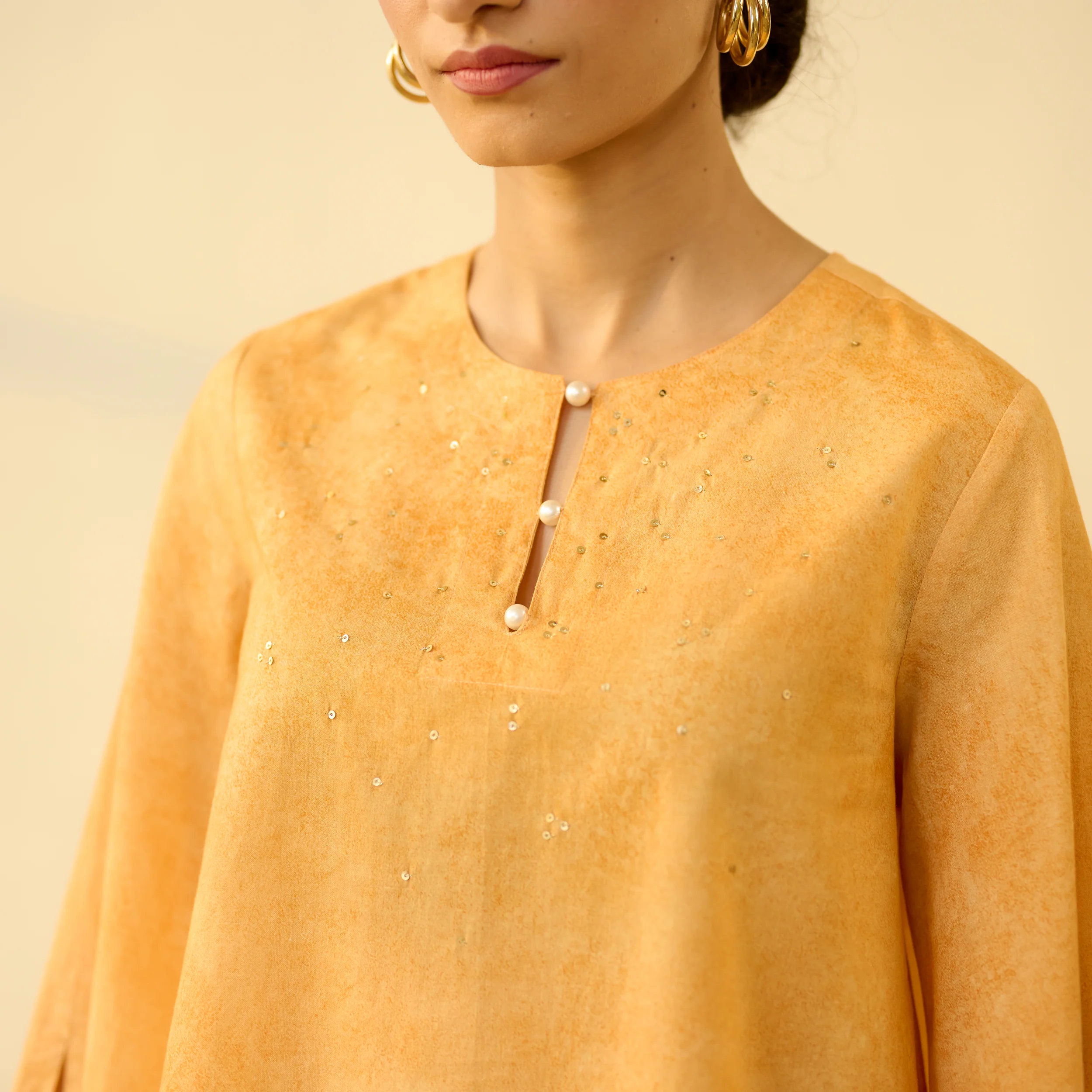 Basant Hand Embroidered Mulmul Cotton Farshi Set - Turmeric Yellow - Image 4