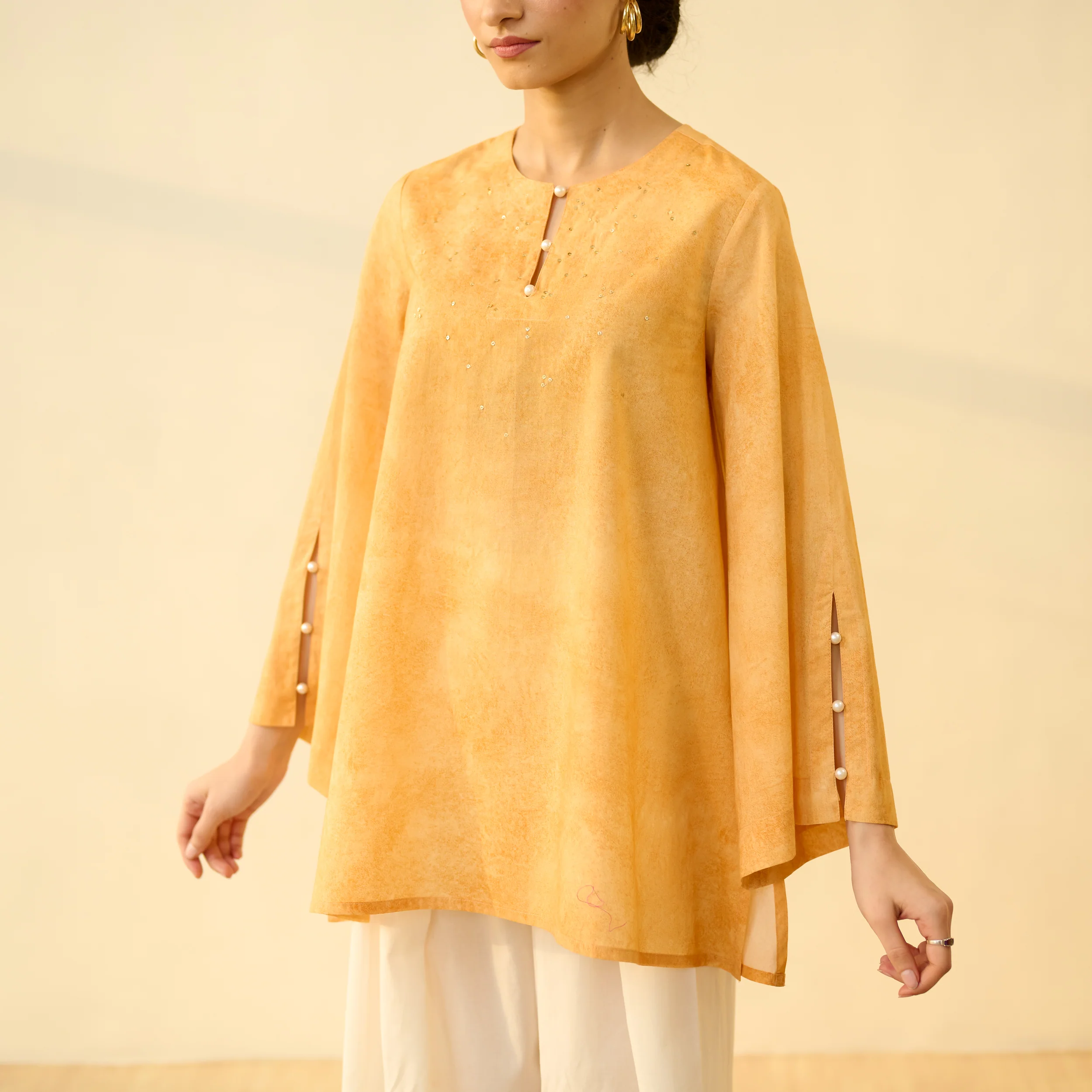 Basant Hand Embroidered Mulmul Cotton Farshi Set - Turmeric Yellow - Image 5