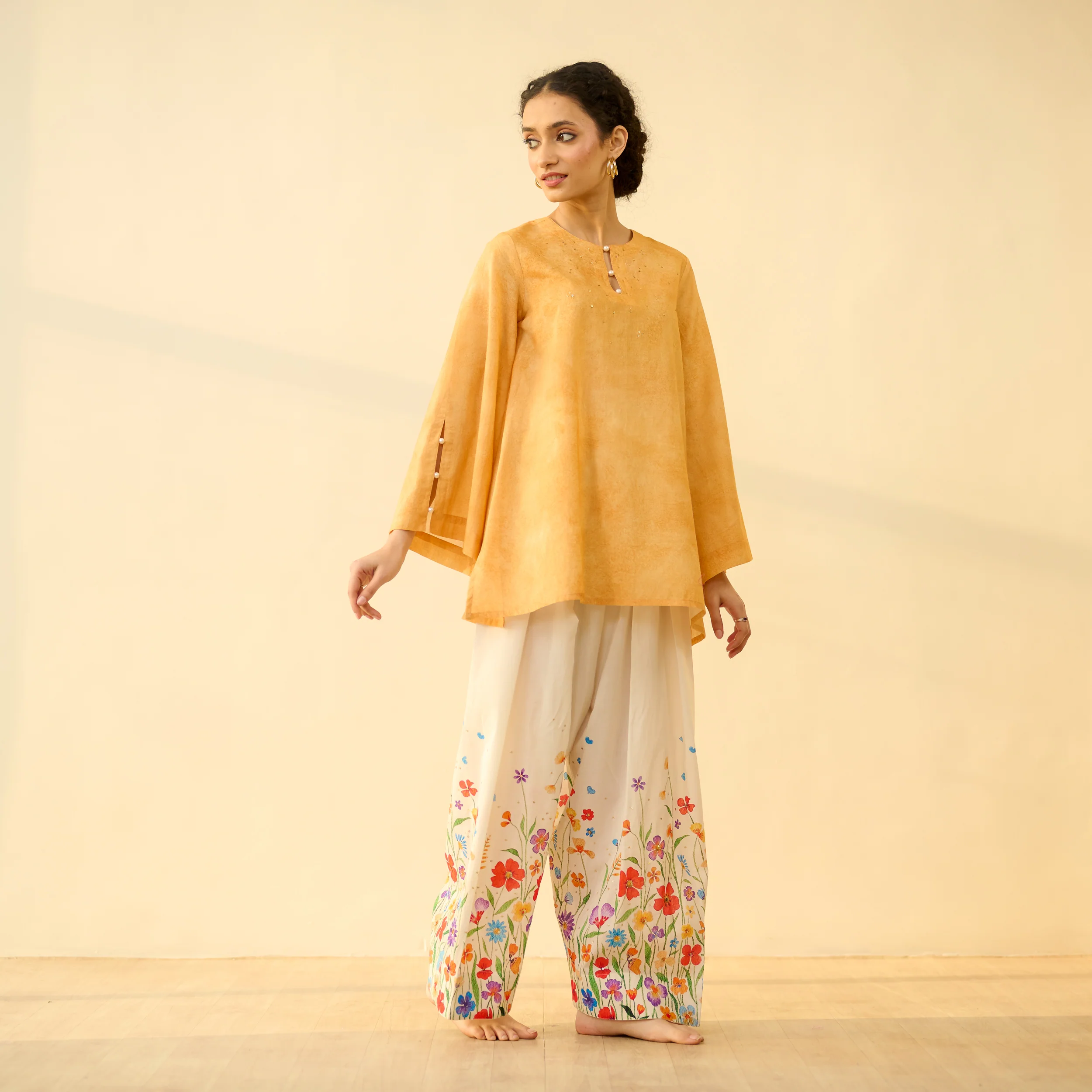 Basant Hand Embroidered Mulmul Cotton Farshi Set - Turmeric Yellow - Image 6