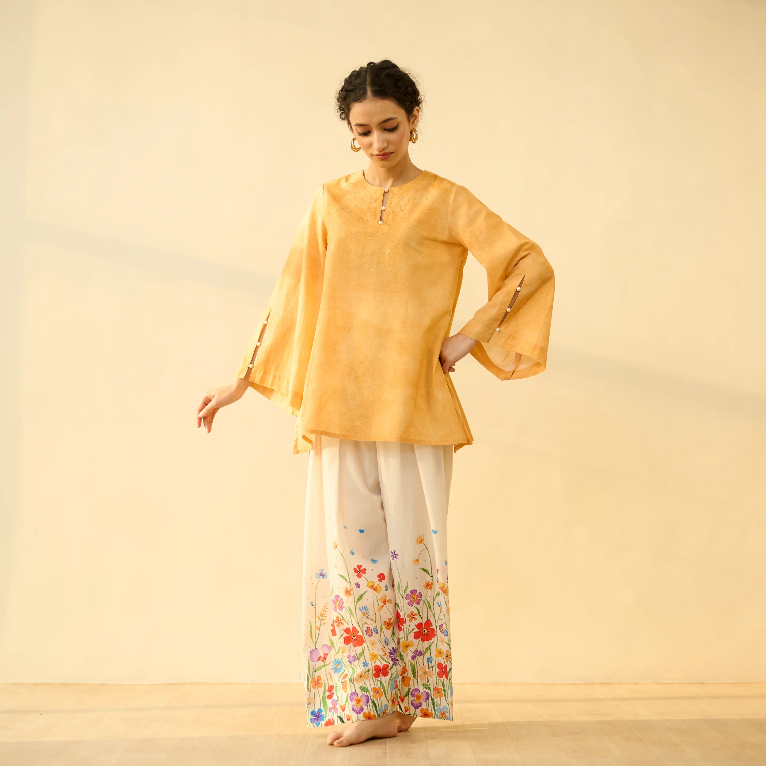 Basant Hand Embroidered Mulmul Cotton Farshi Set - Turmeric Yellow - Image 7