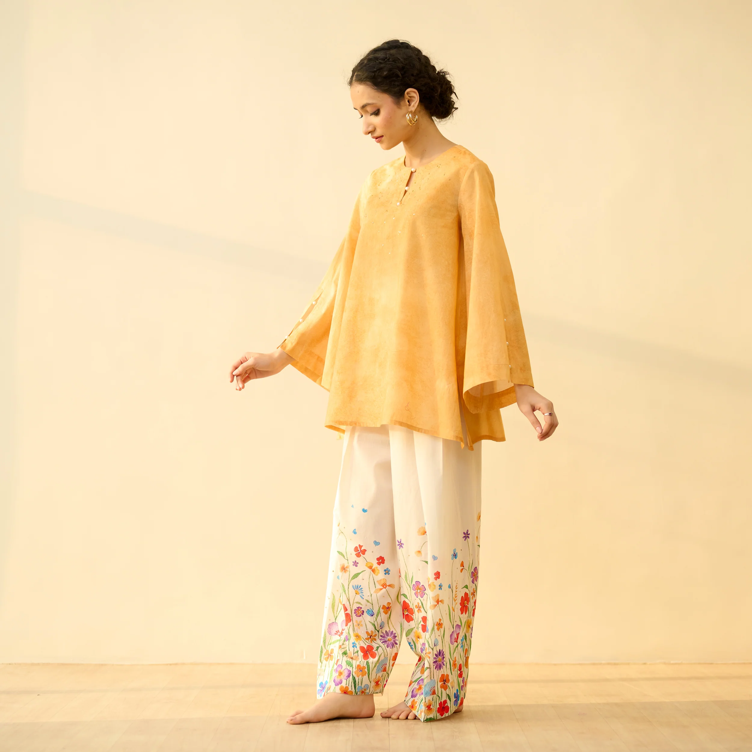 Basant Hand Embroidered Mulmul Cotton Farshi Set - Turmeric Yellow - Image 8