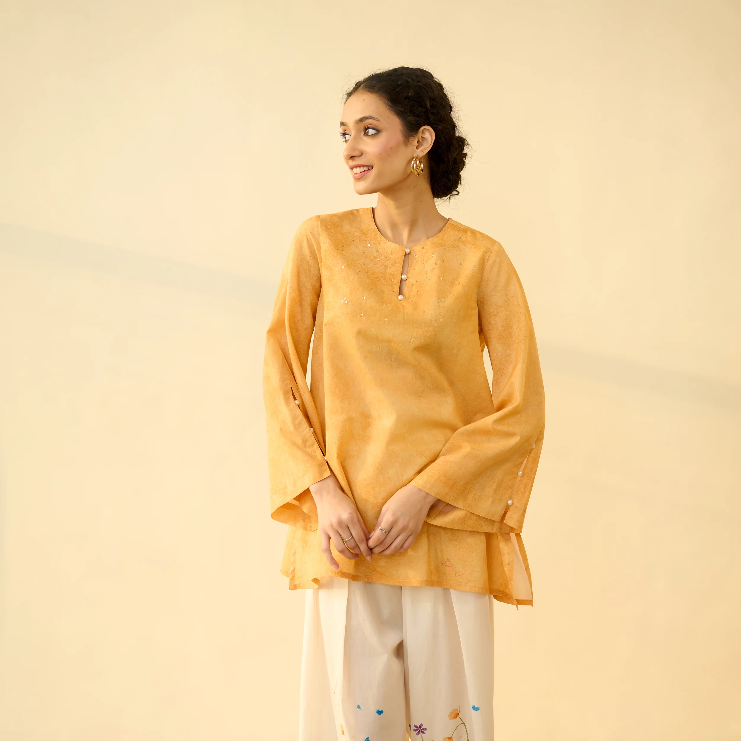 Basant Hand Embroidered Mulmul Cotton Farshi Set - Turmeric Yellow - Image 9