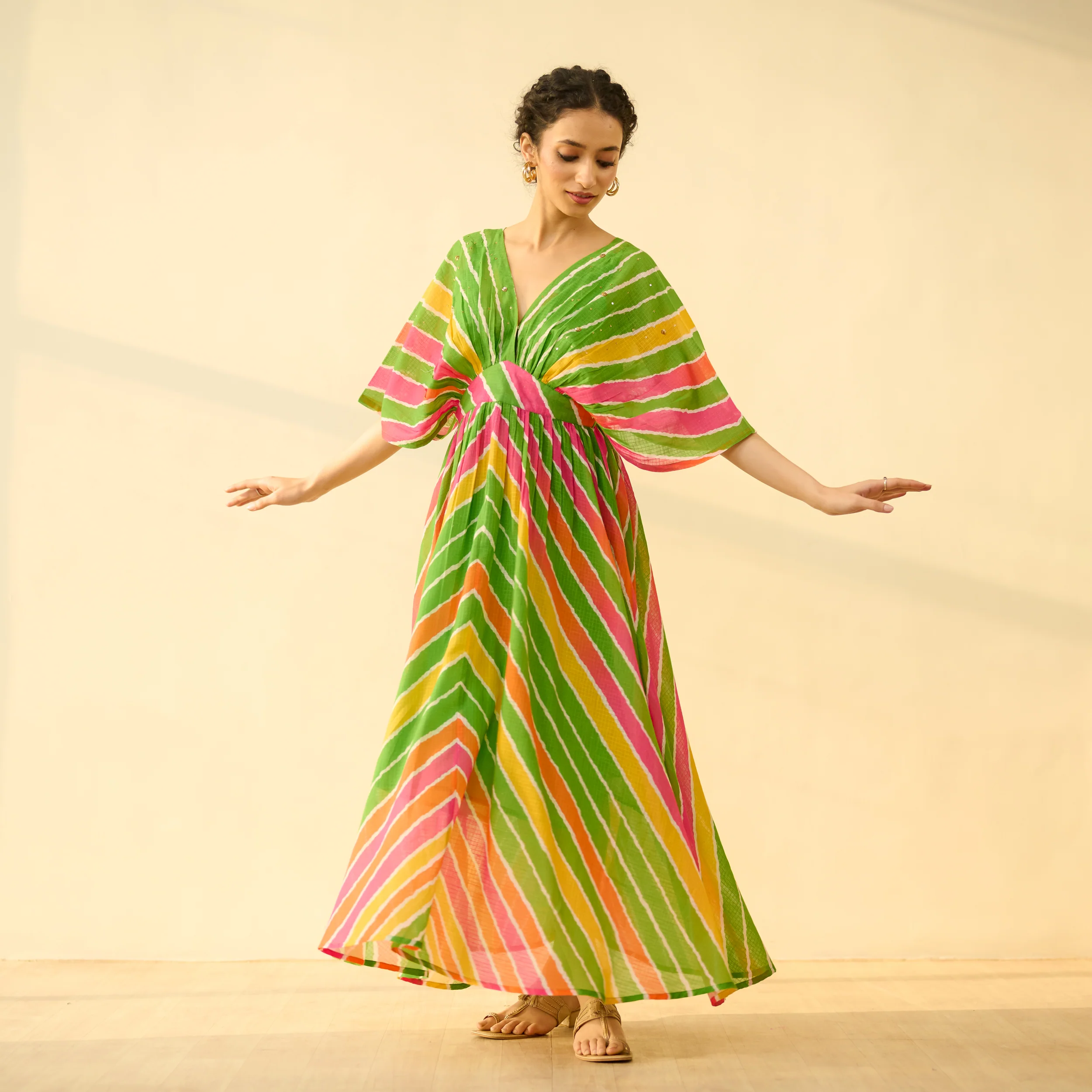 Bebo Hand Embroidered Kota Doria Cotton Maxi Dress - Multicolour
