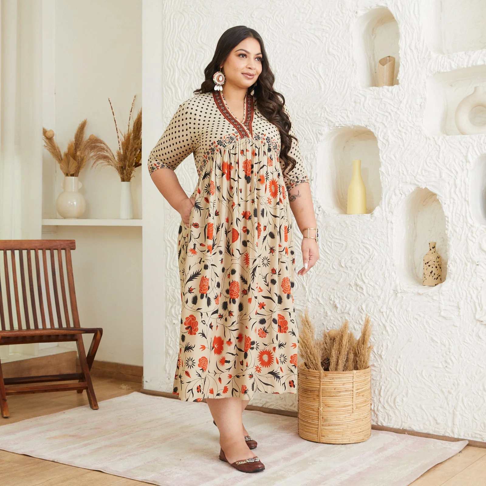 Beige Blossom V Neck Alia Cut Dress - SOM - Image 3