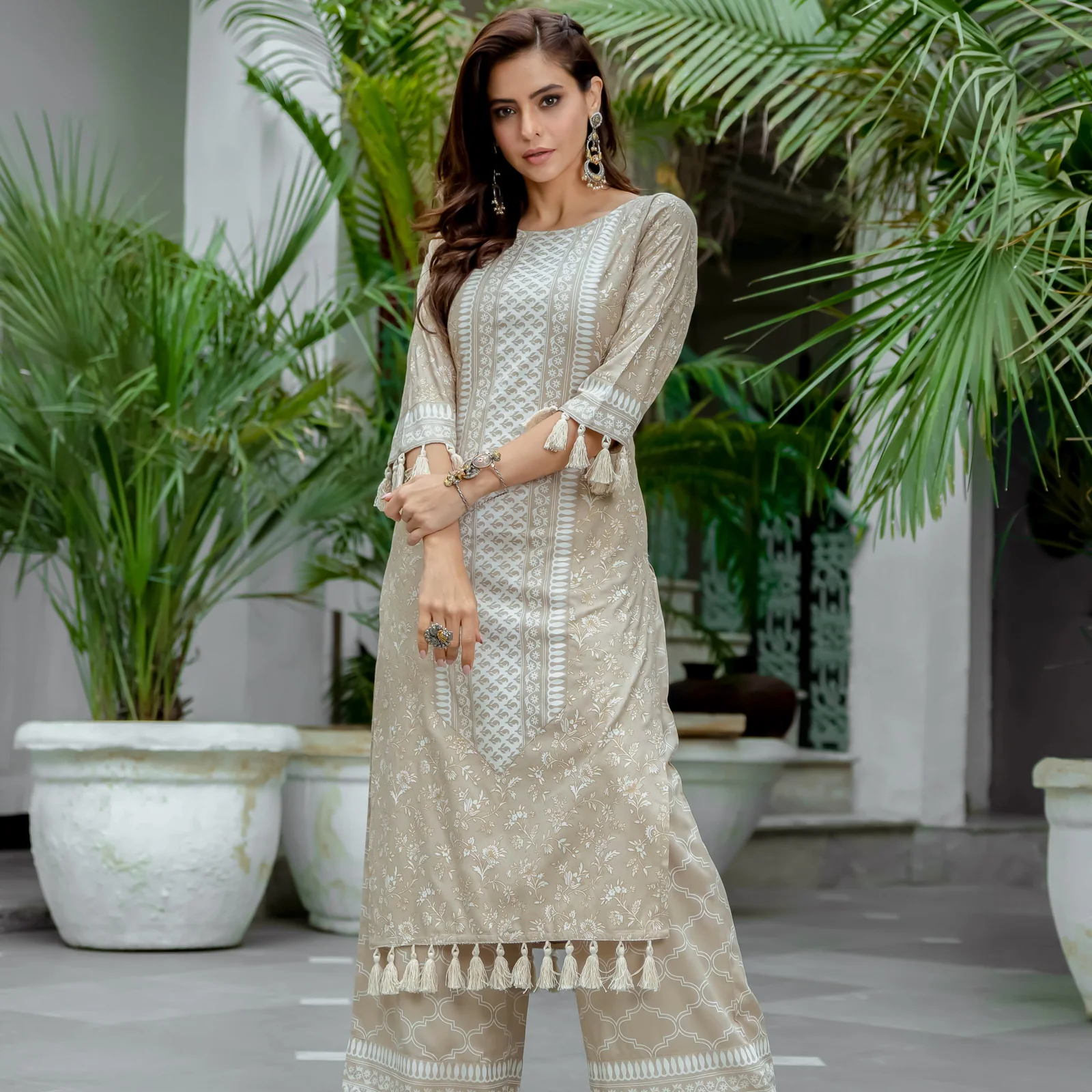 Beige Kurta Palazzo Co-ord Set with Tassel Details - Image 10