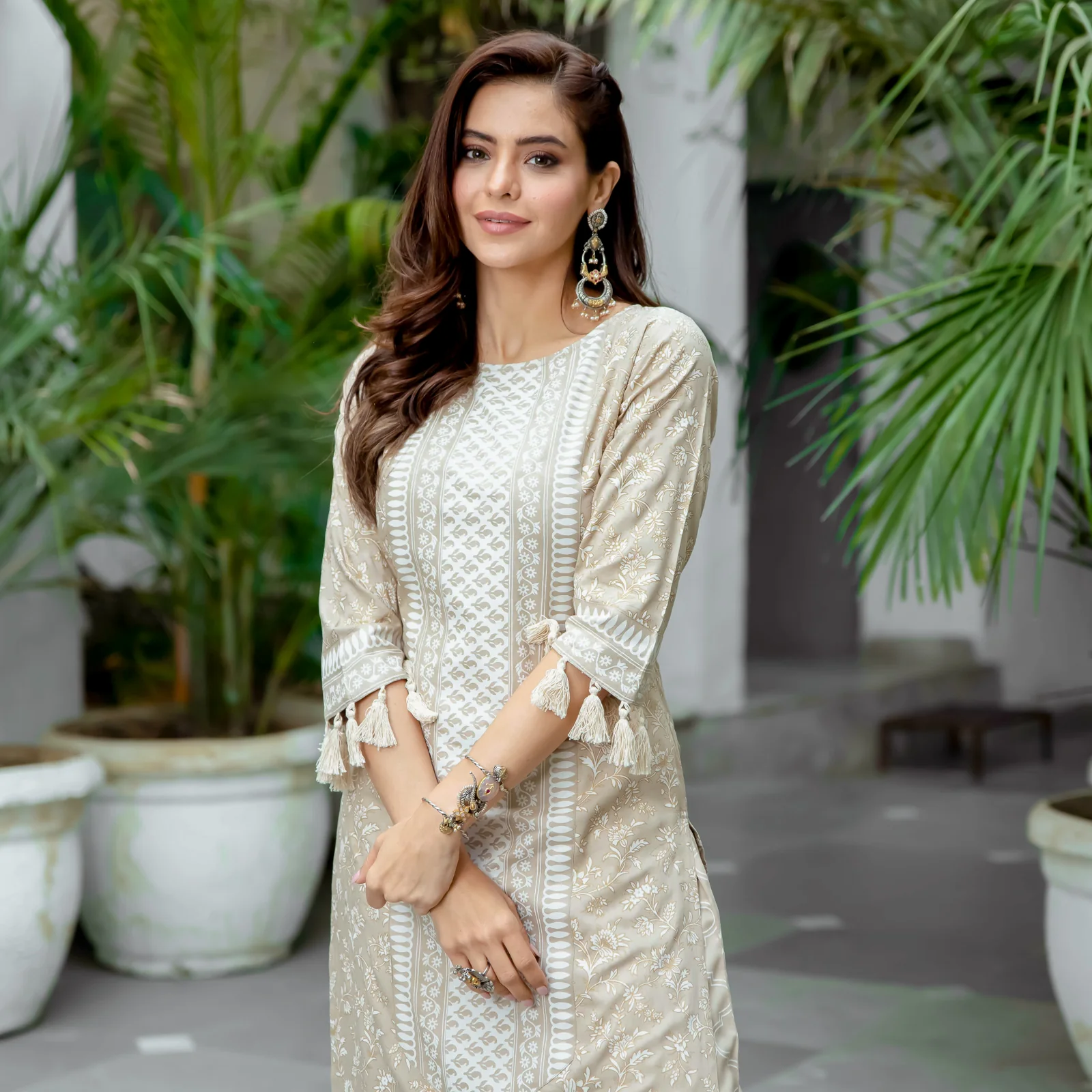 Beige Kurta Palazzo Co-ord Set with Tassel Details - Image 11