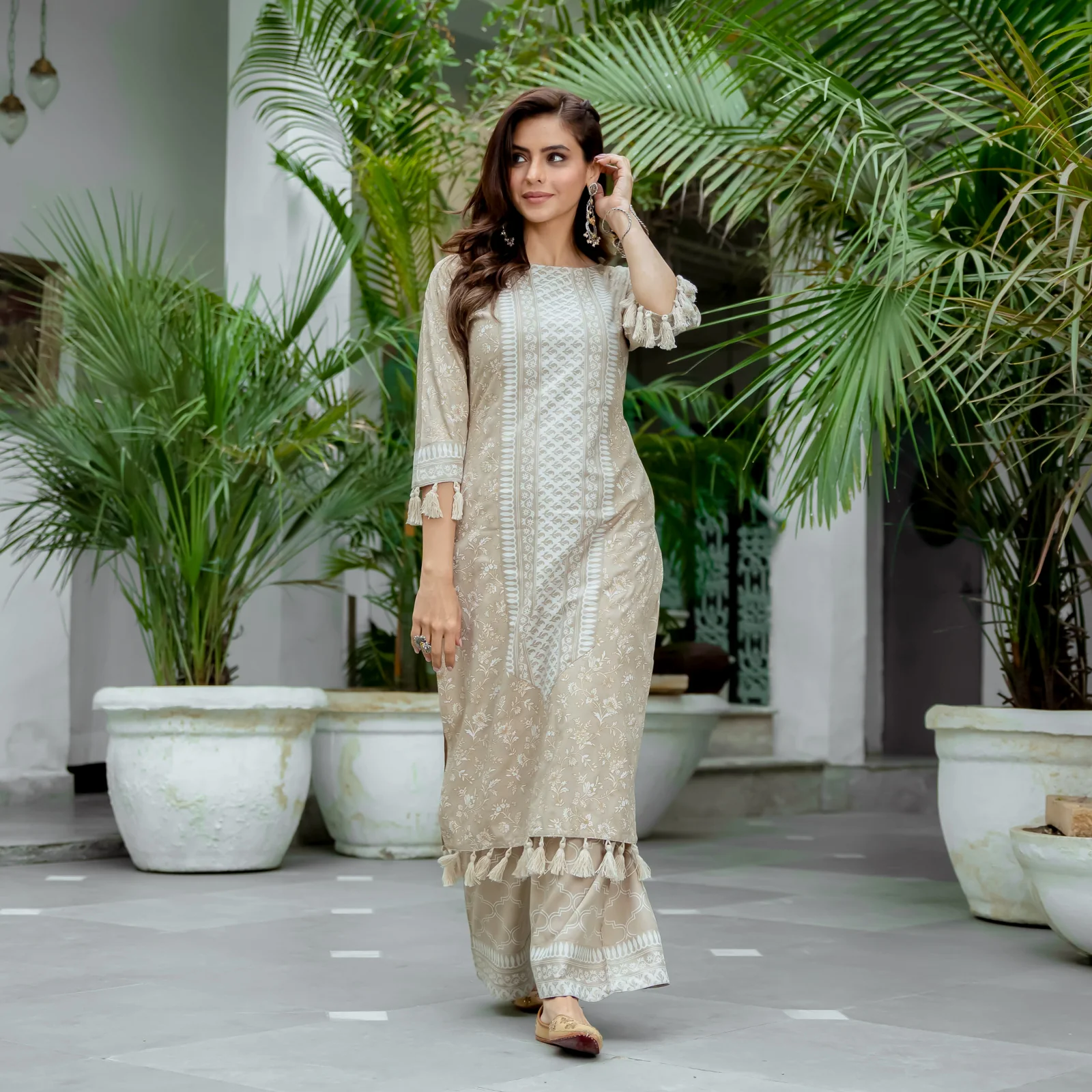 Beige Kurta Palazzo Co-ord Set with Tassel Details - Image 12
