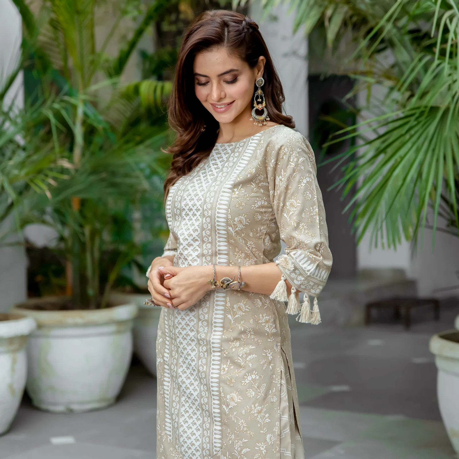 Beige Kurta Palazzo Co-ord Set with Tassel Details - Image 13