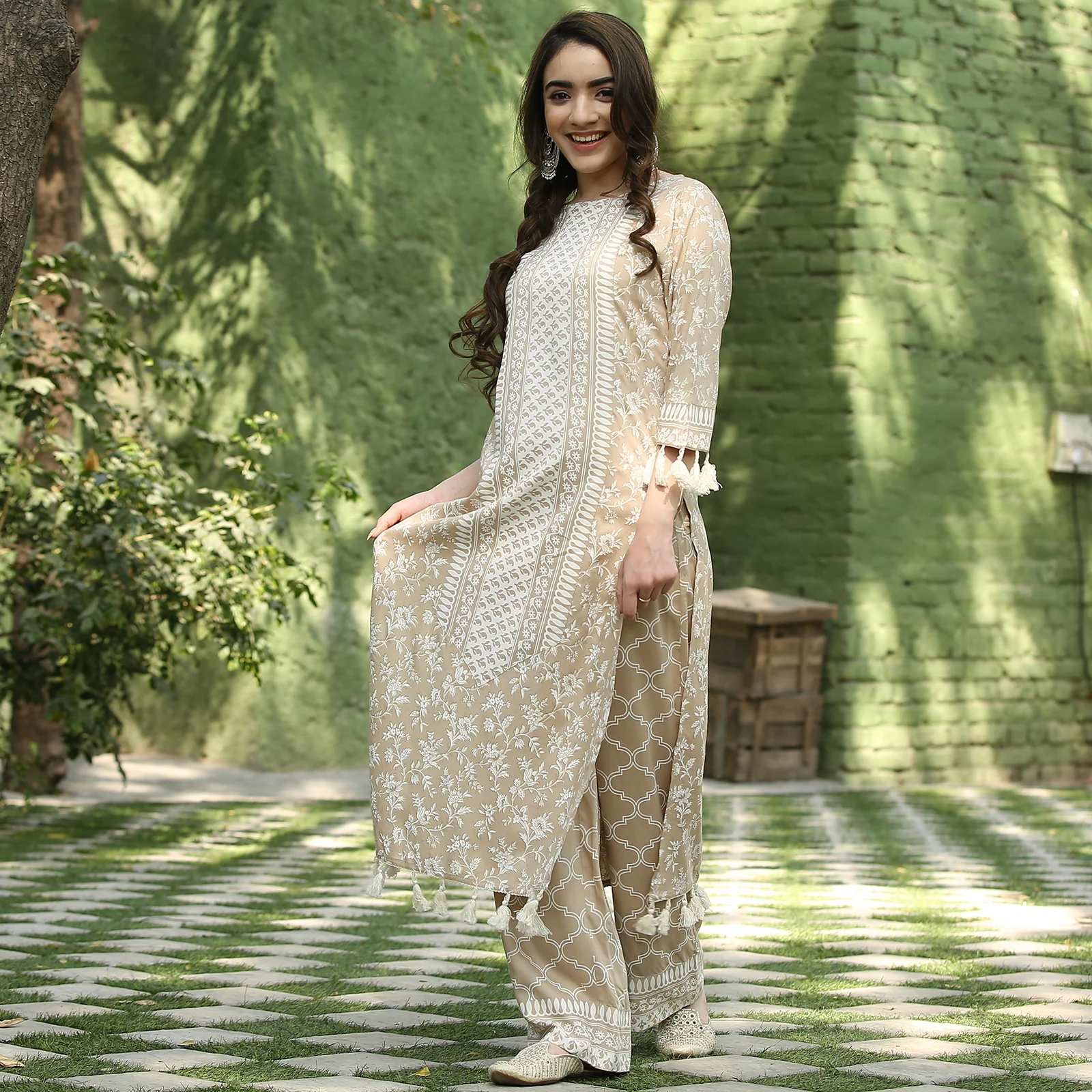 Beige Kurta Palazzo Co-ord Set with Tassel Details - Image 14