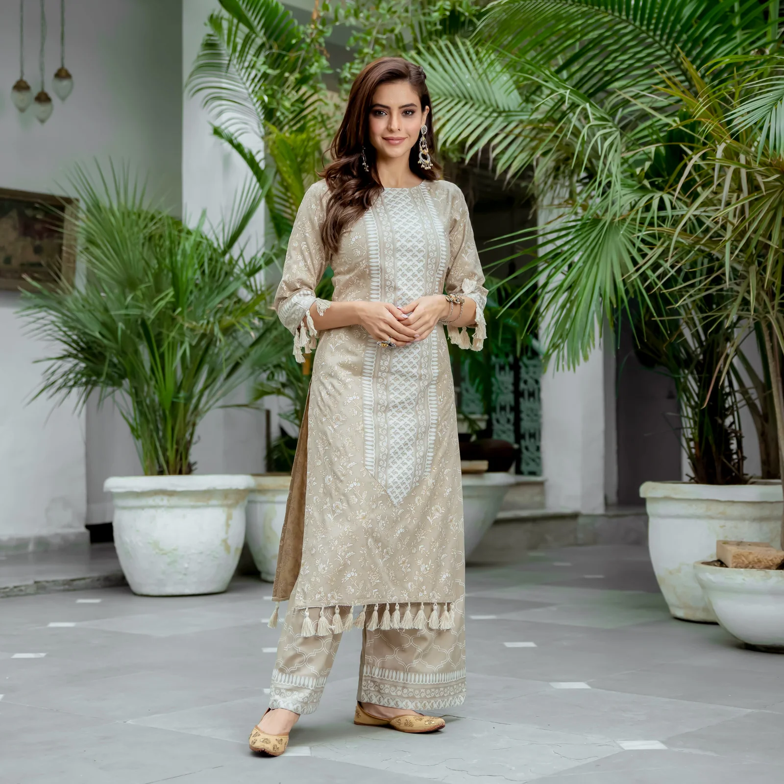 Beige Kurta Palazzo Co-ord Set with Tassel Details - Image 16