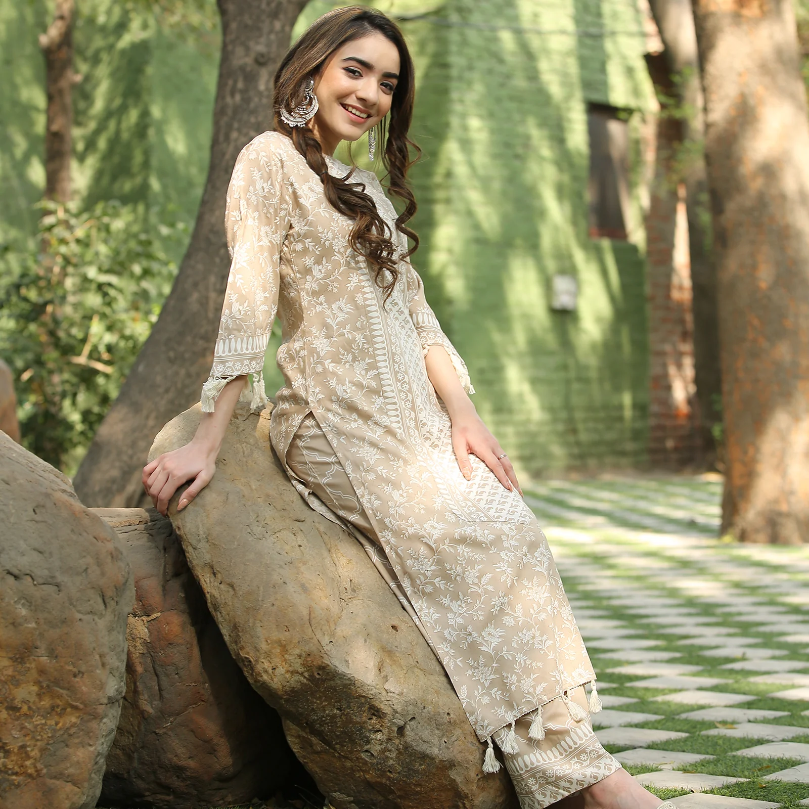 Beige Kurta Palazzo Co-ord Set with Tassel Details - Image 17