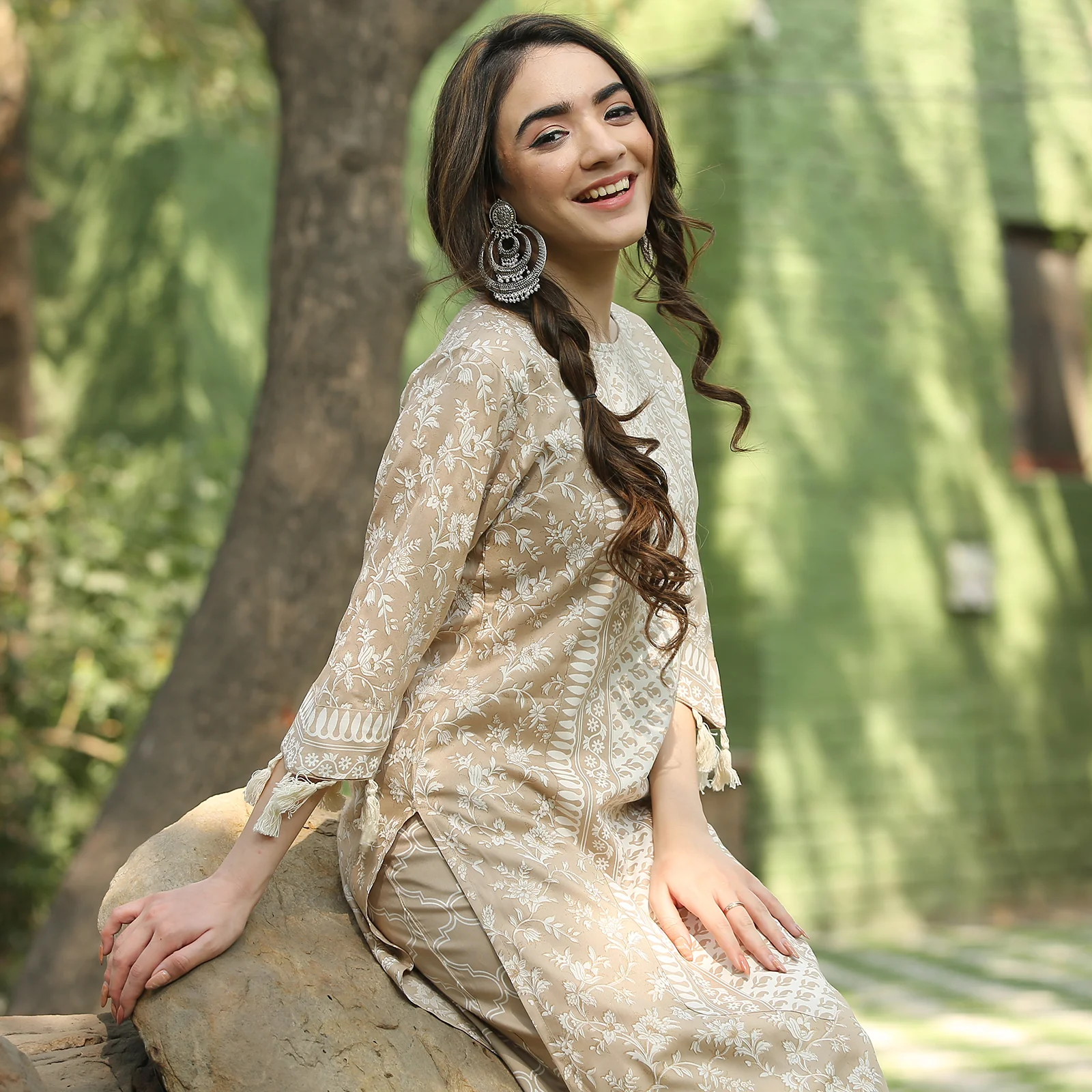 Beige Kurta Palazzo Co-ord Set with Tassel Details - Image 18