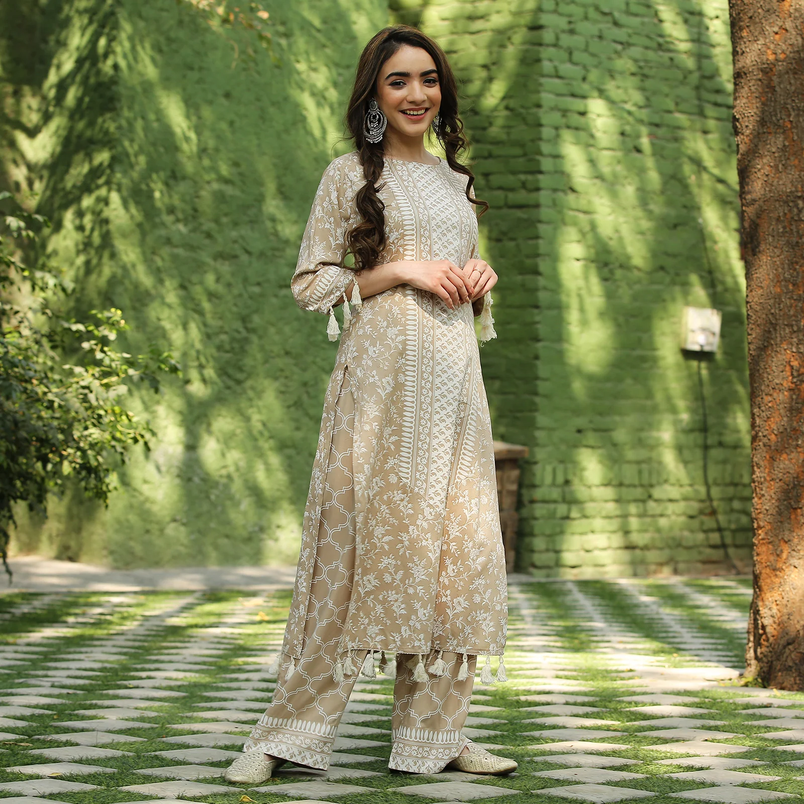 Beige Kurta Palazzo Co-ord Set with Tassel Details - Image 19