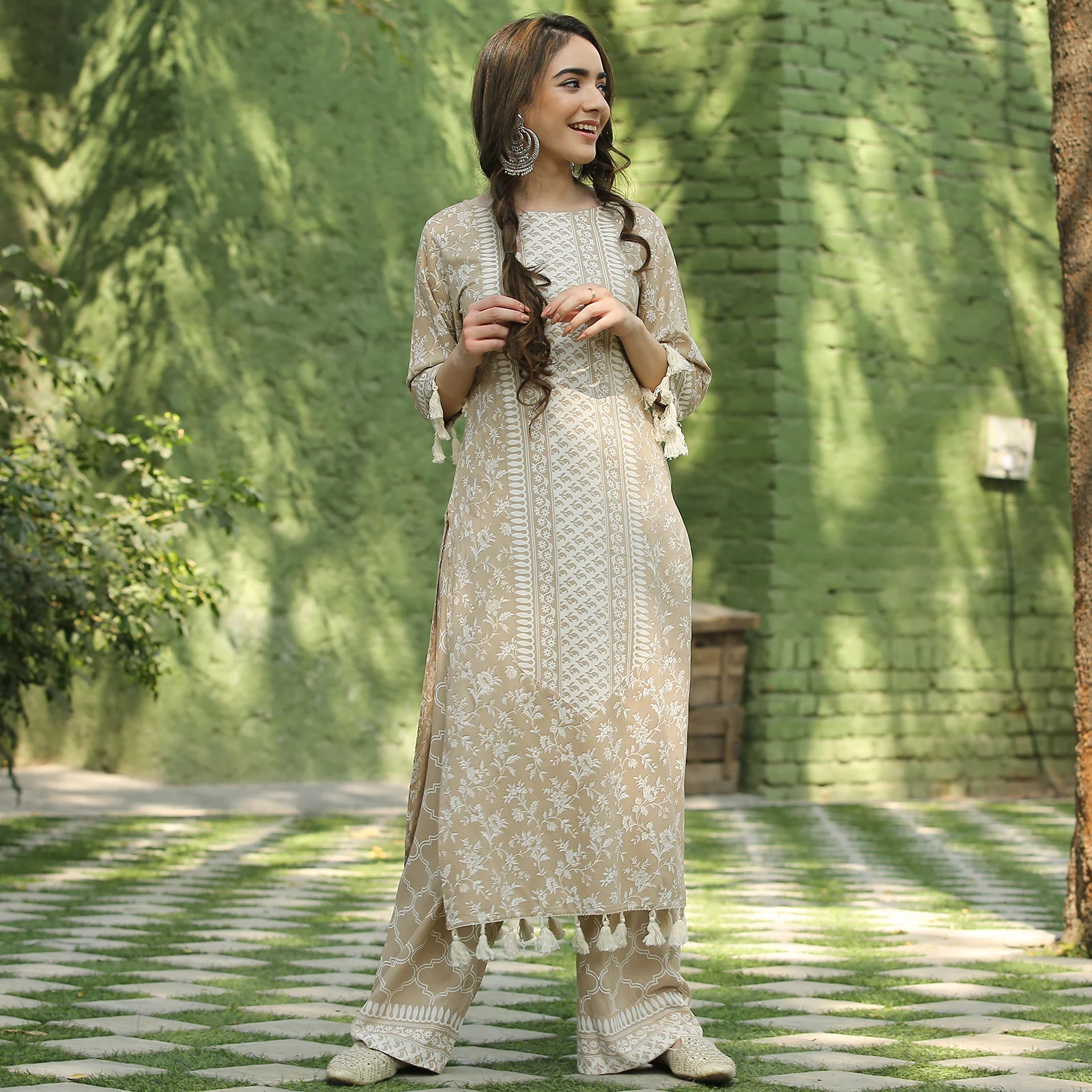 Beige Kurta Palazzo Co-ord Set with Tassel Details - Image 21