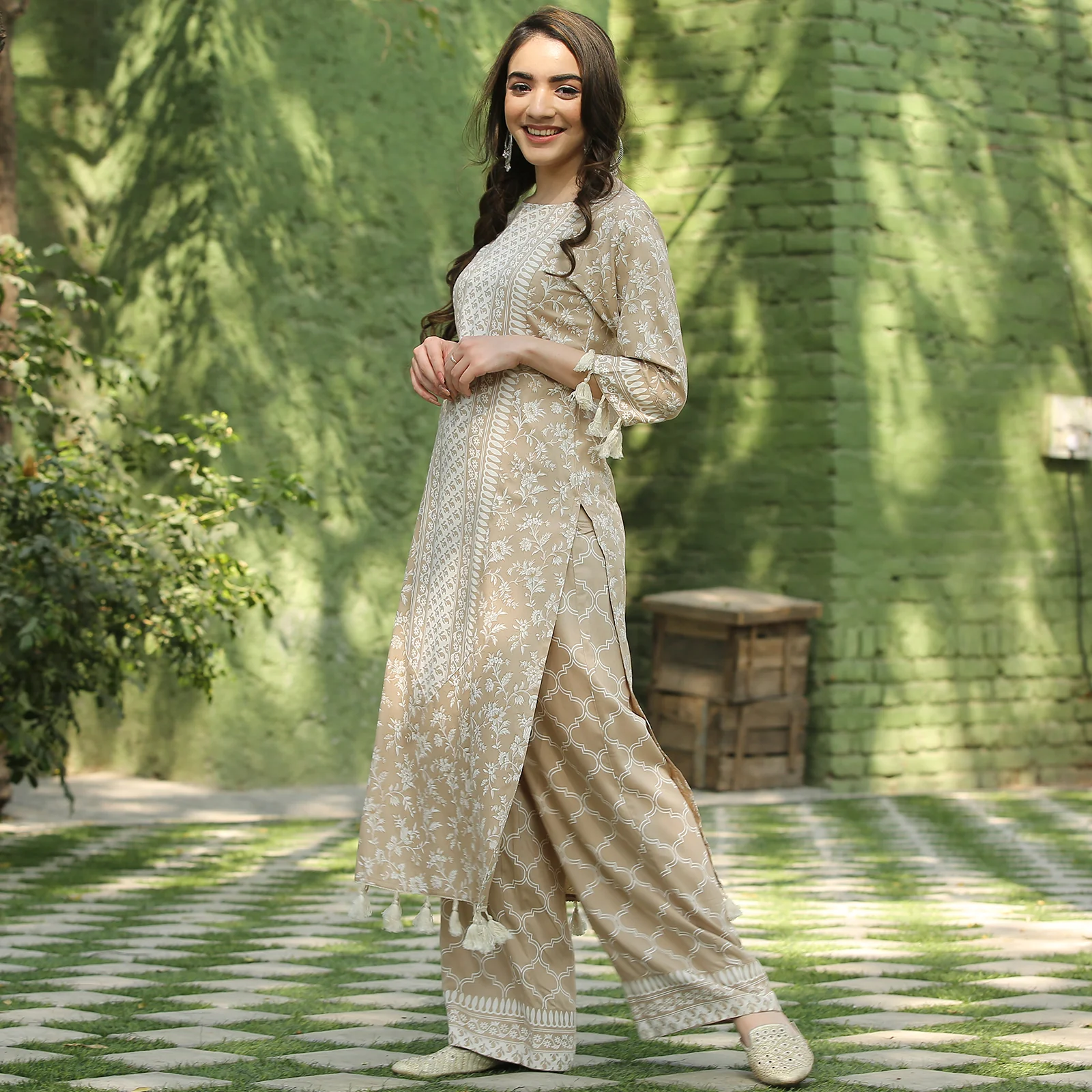 Beige Kurta Palazzo Co-ord Set with Tassel Details - Image 22