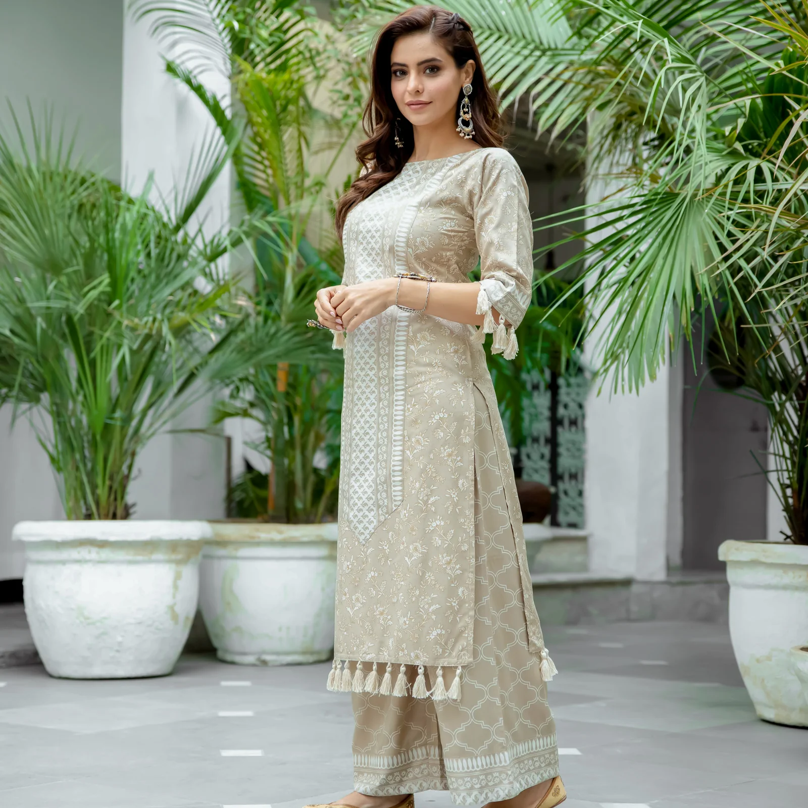 Beige Kurta Palazzo Co-ord Set with Tassel Details - Image 3