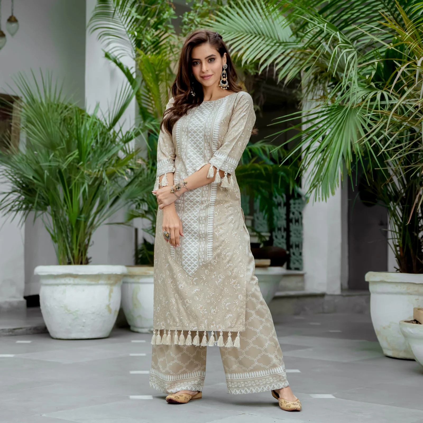 Beige Kurta Palazzo Co-ord Set with Tassel Details - Image 4