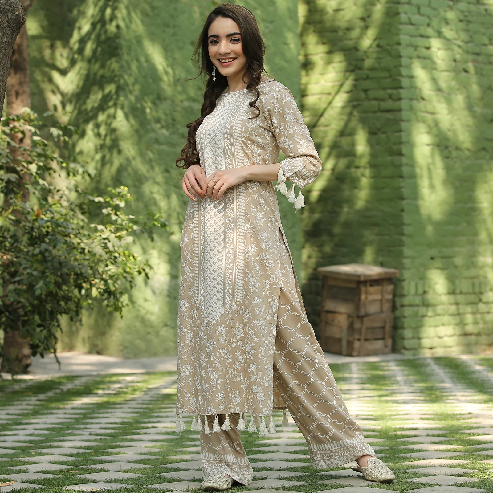 Beige Kurta Palazzo Co-ord Set with Tassel Details - Image 7