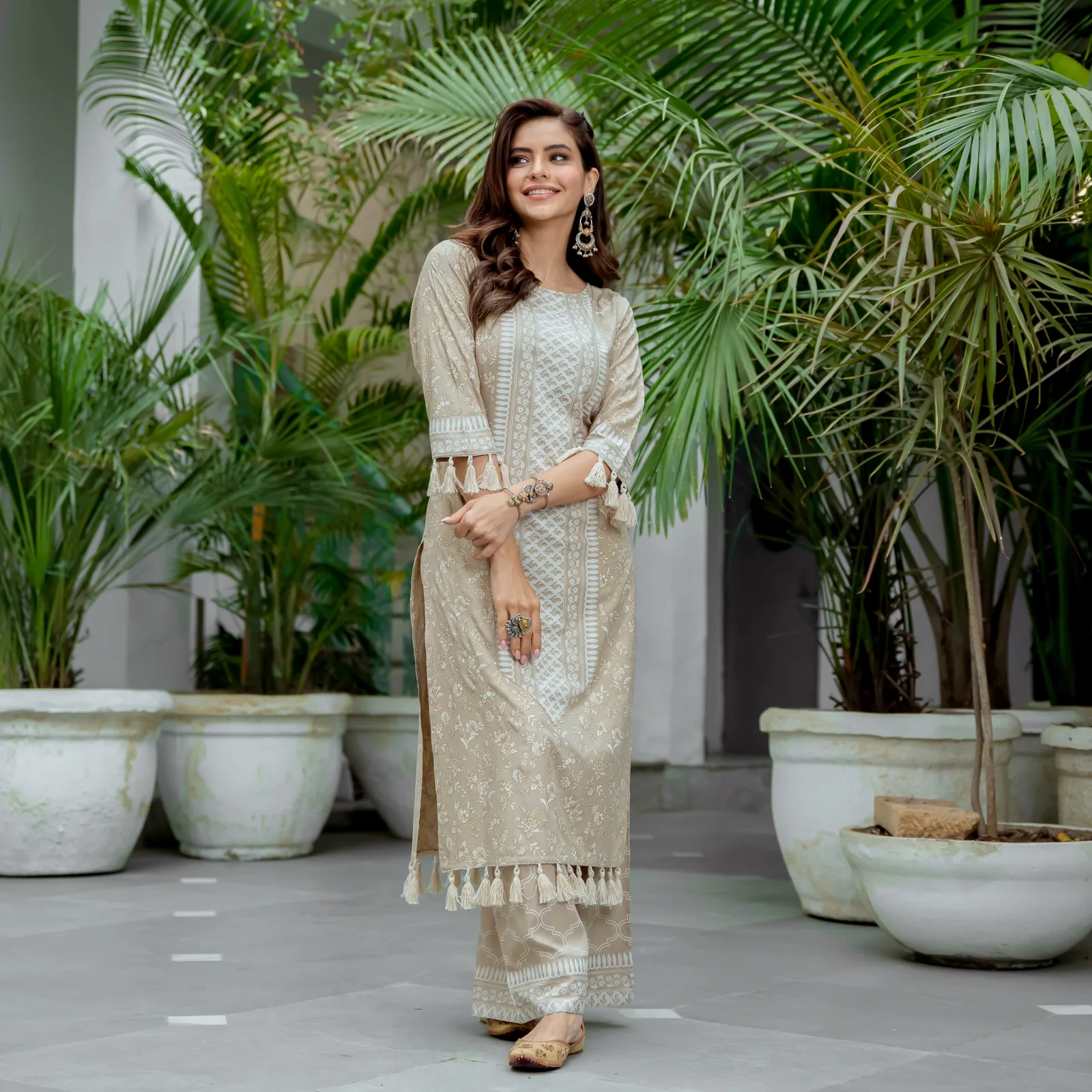 Beige Kurta Palazzo Co-ord Set with Tassel Details - Image 8