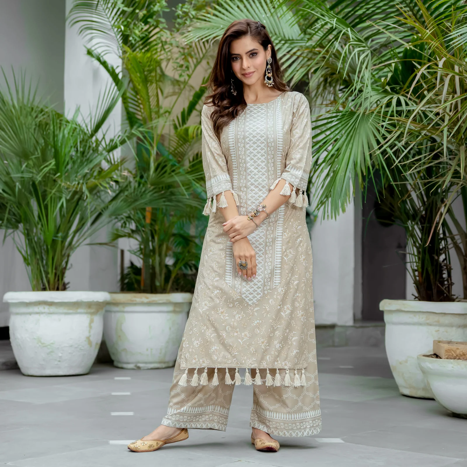 Beige Kurta Palazzo Co-ord Set with Tassel Details - Image 9
