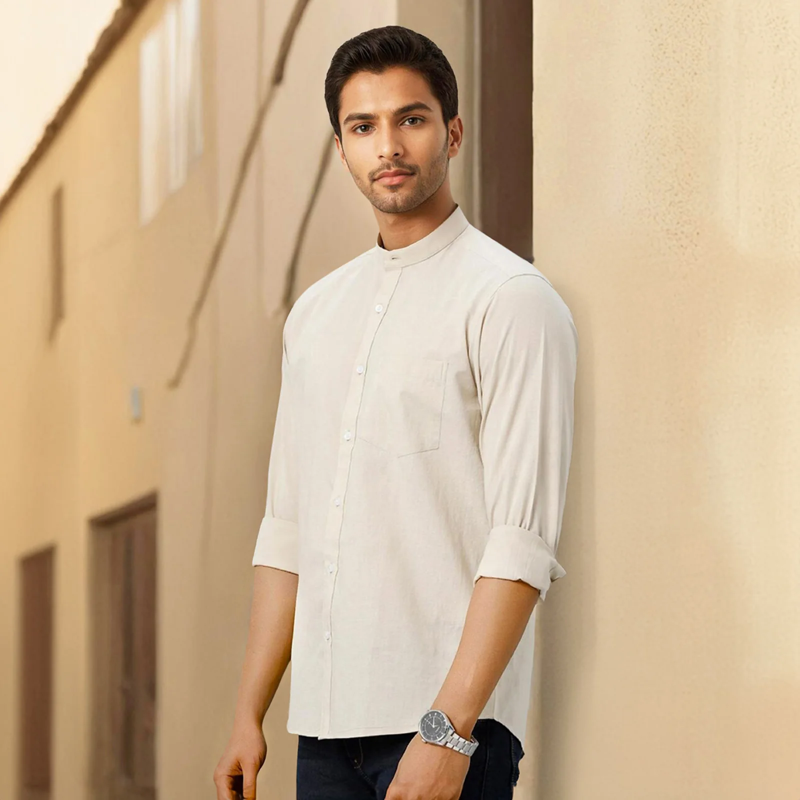 Beige Mandarin Collar Solid Linen Cotton Shirt for Men - Image 2