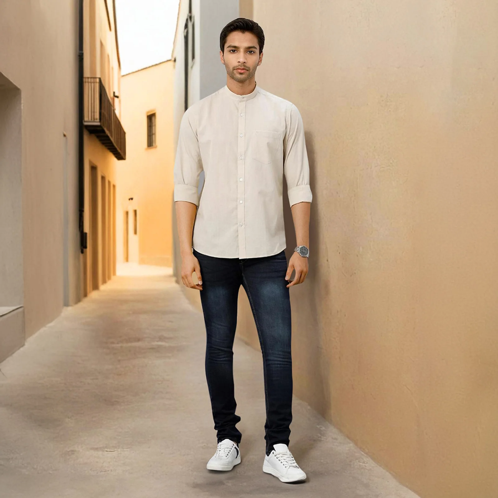 Beige Mandarin Collar Solid Linen Cotton Shirt for Men - Image 3