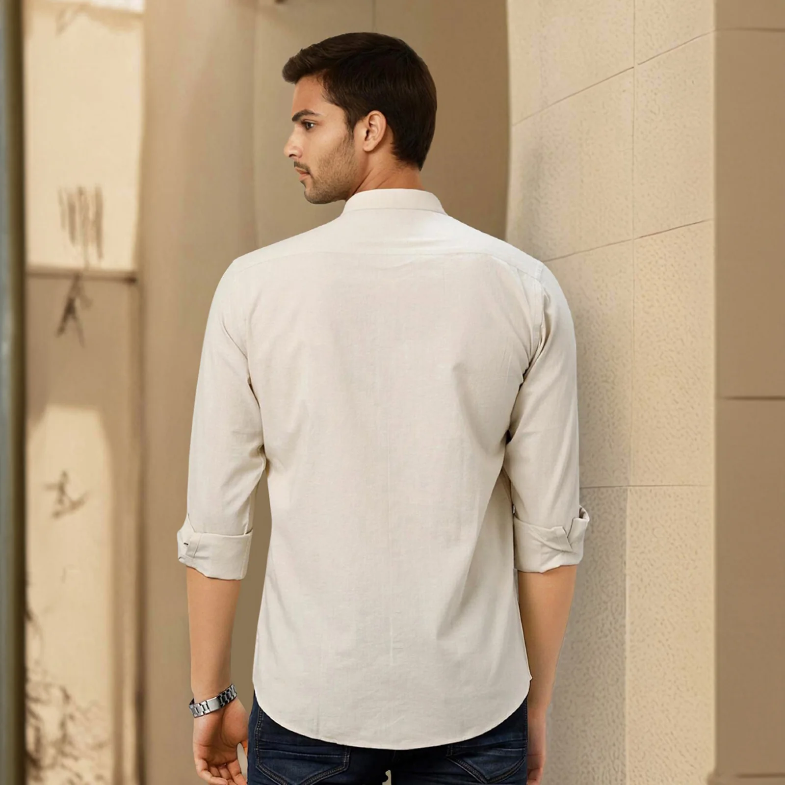Beige Mandarin Collar Solid Linen Cotton Shirt for Men - Image 4