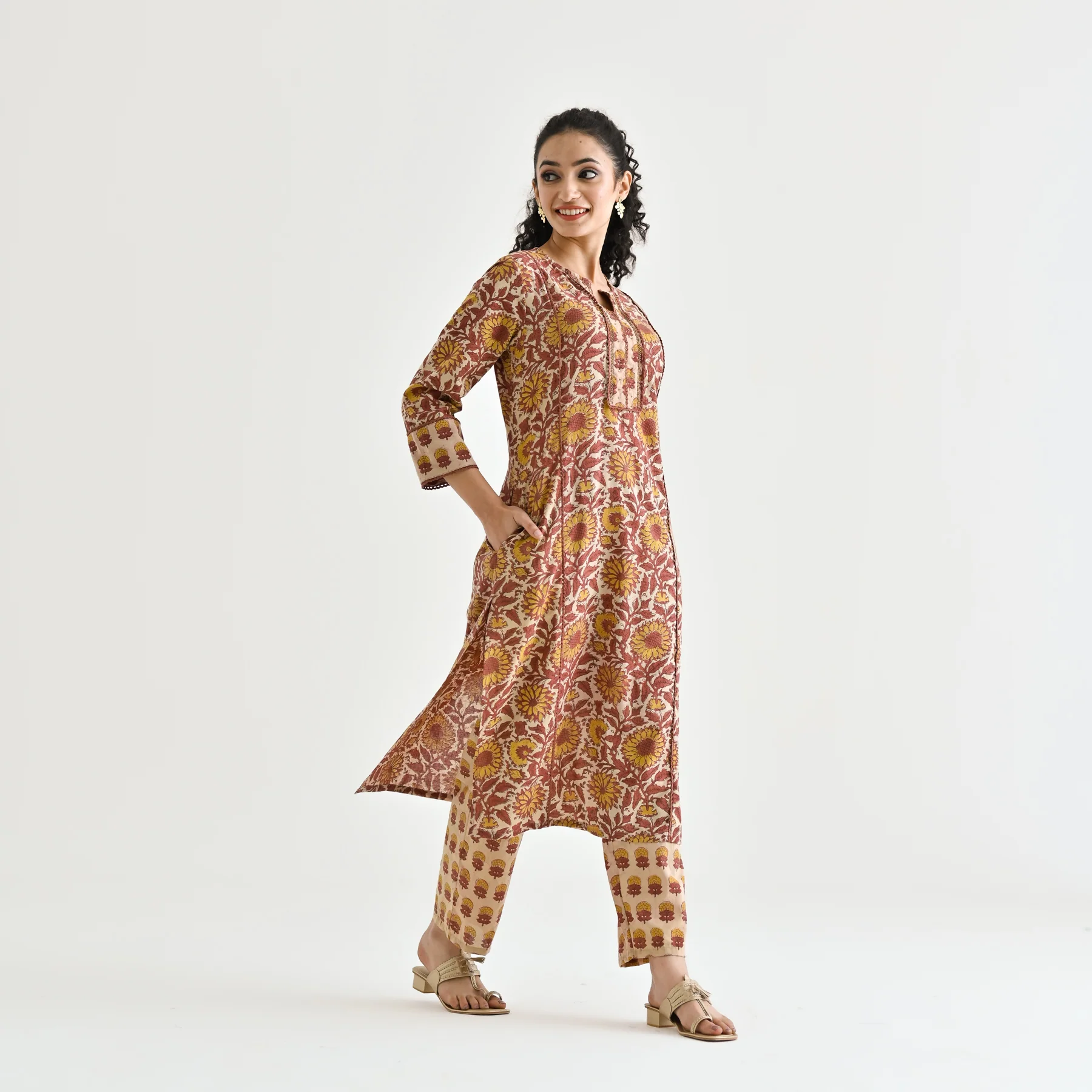 Beige Sanganeri Cotton Kurta with Embroidered Neckline Detail - Image 3