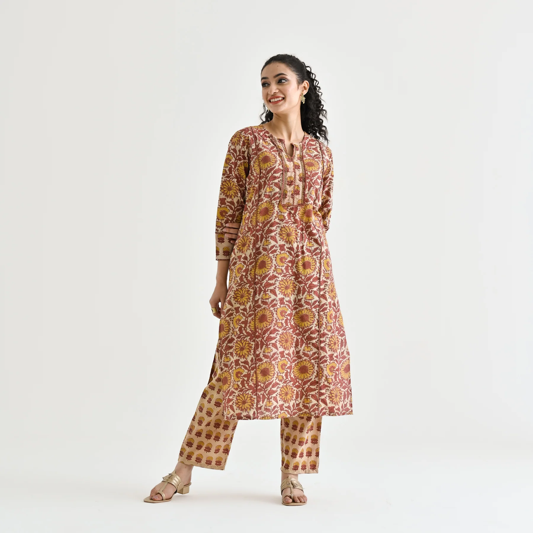 Beige Sanganeri Cotton Kurta with Embroidered Neckline Detail - Image 5