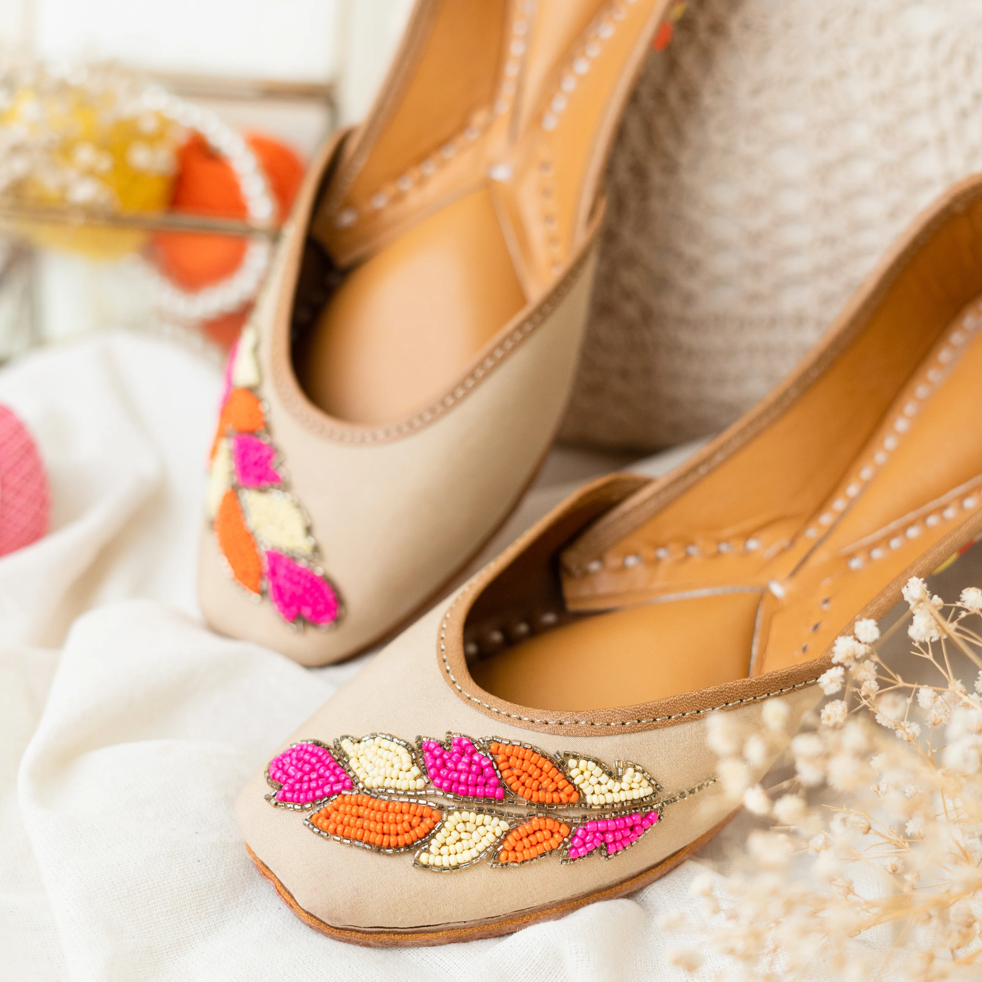 Beige Sequins and Beaded Leaf Jutti - Image 4