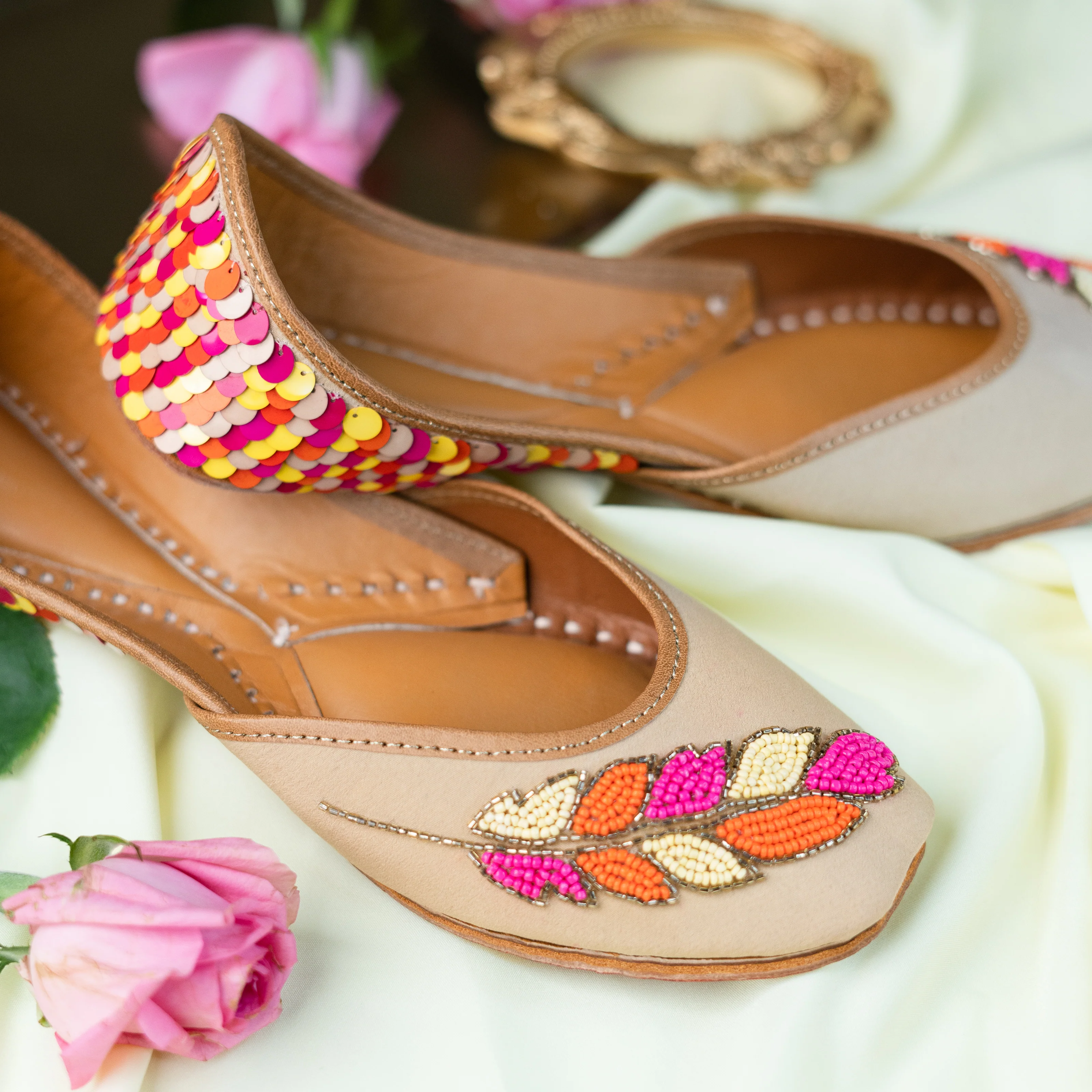 Beige Sequins and Beaded Leaf Jutti - Image 5