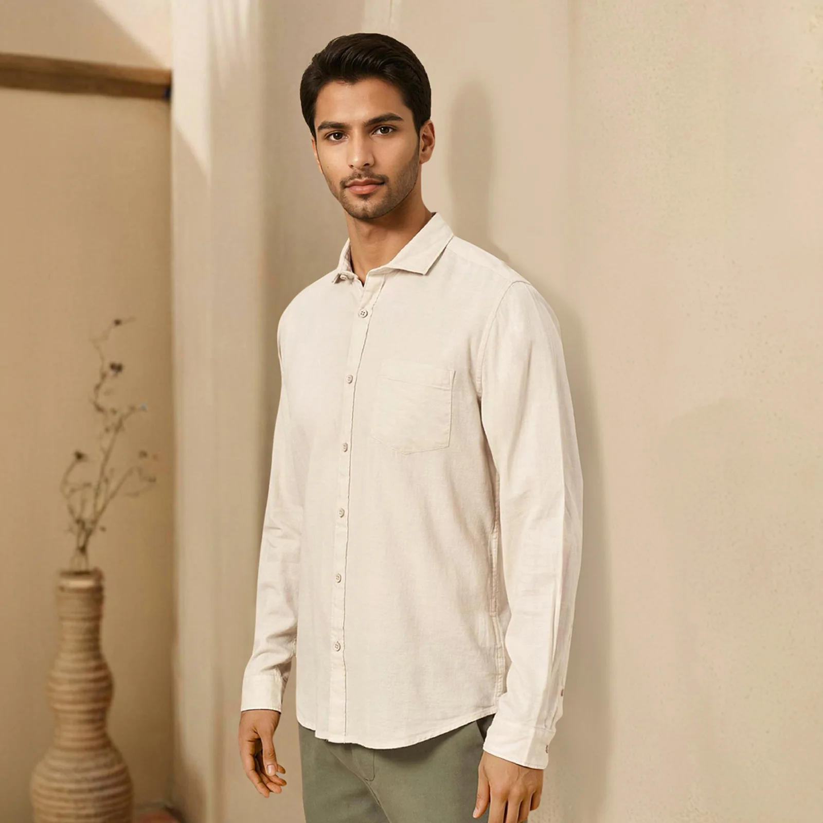 Beige Solid Linen Cotton Shirt for Men - Image 3