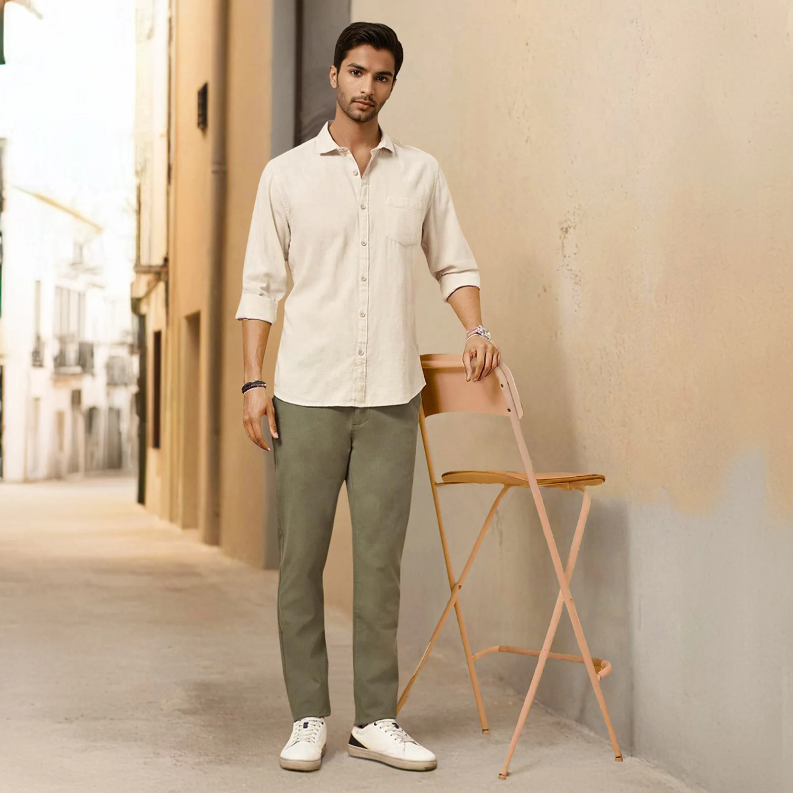 Beige Solid Linen Cotton Shirt for Men - Image 4