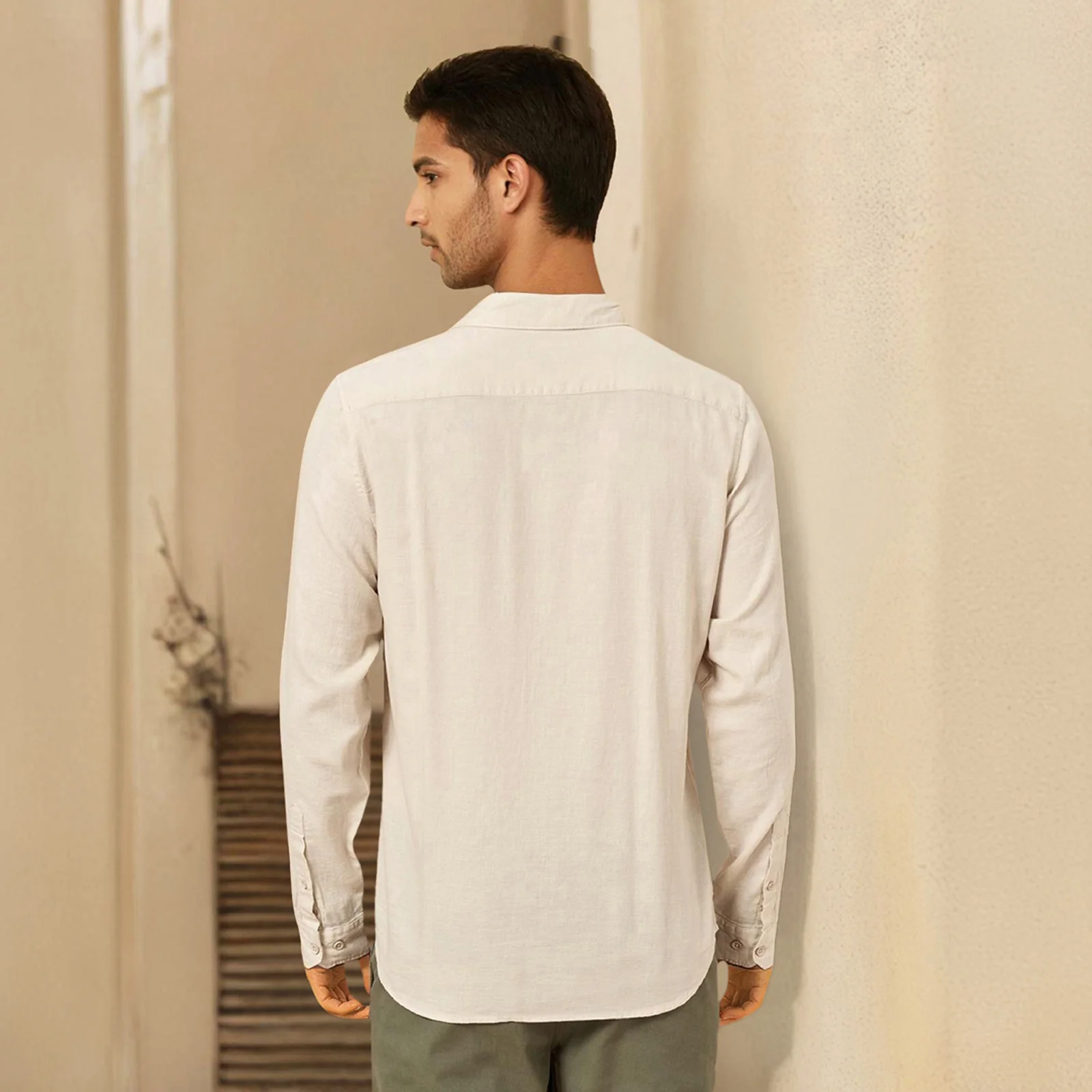Beige Solid Linen Cotton Shirt for Men - Image 5