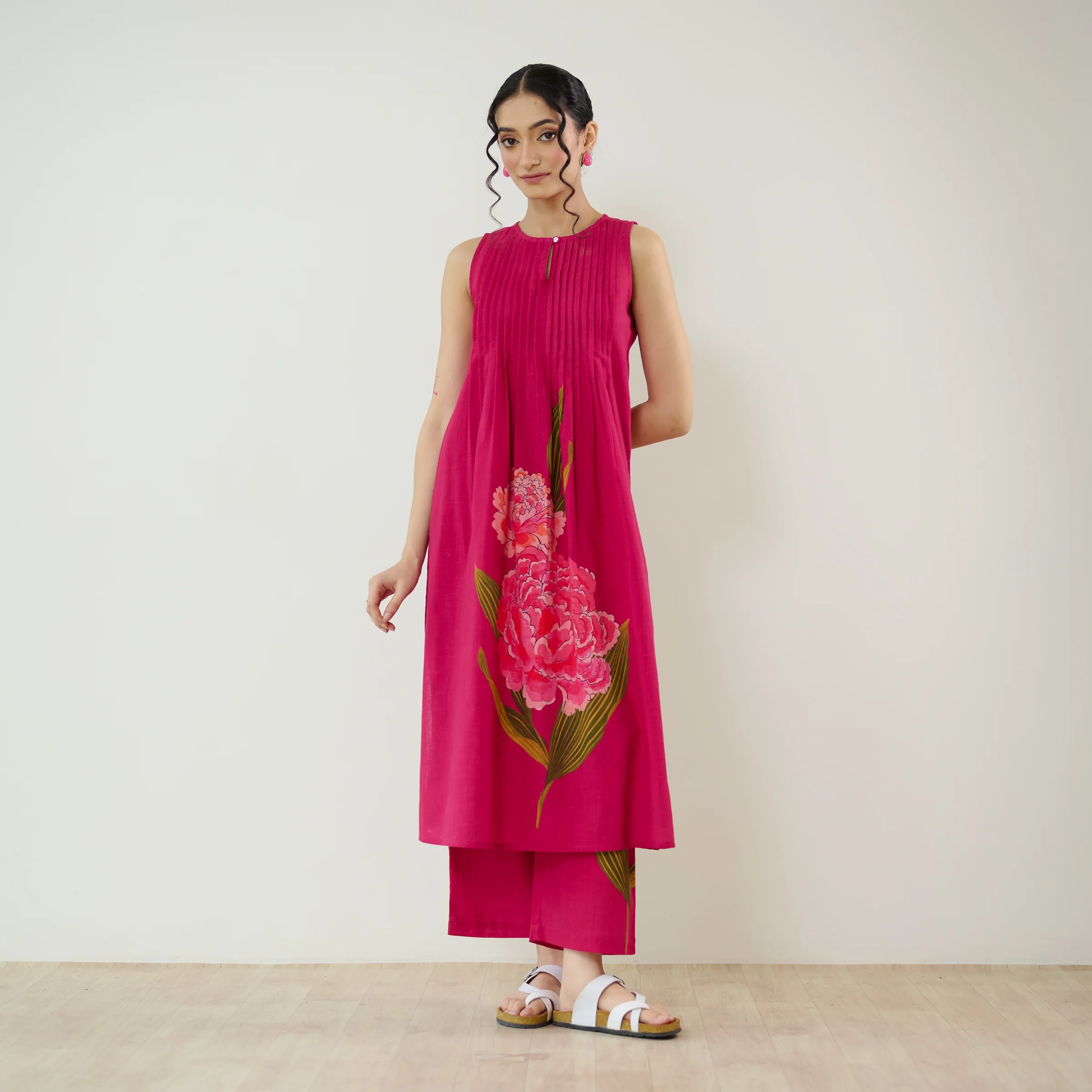 Belle Slub Cotton Kurta Set - Magenta - Image 4