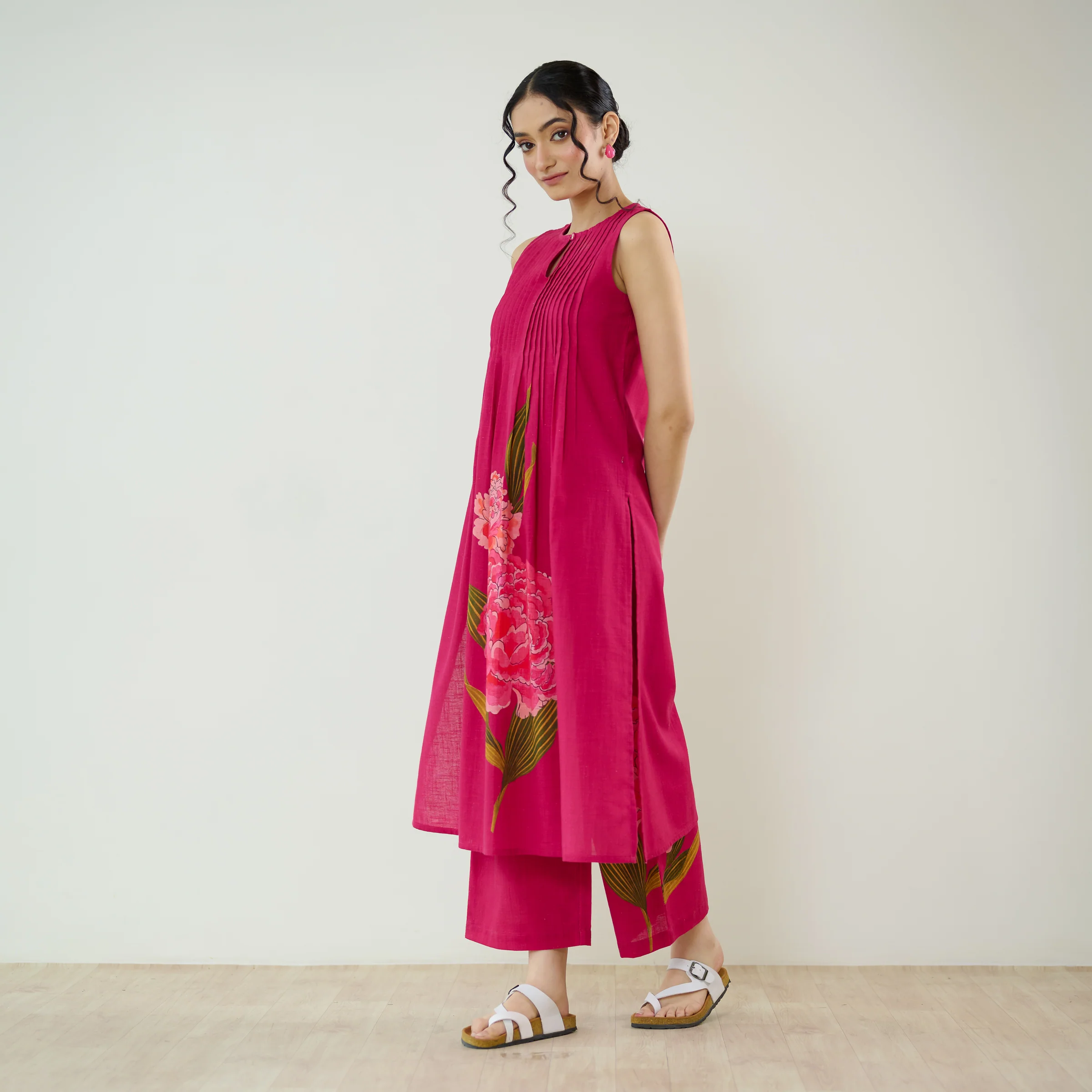 Belle Slub Cotton Kurta Set - Magenta - Image 5