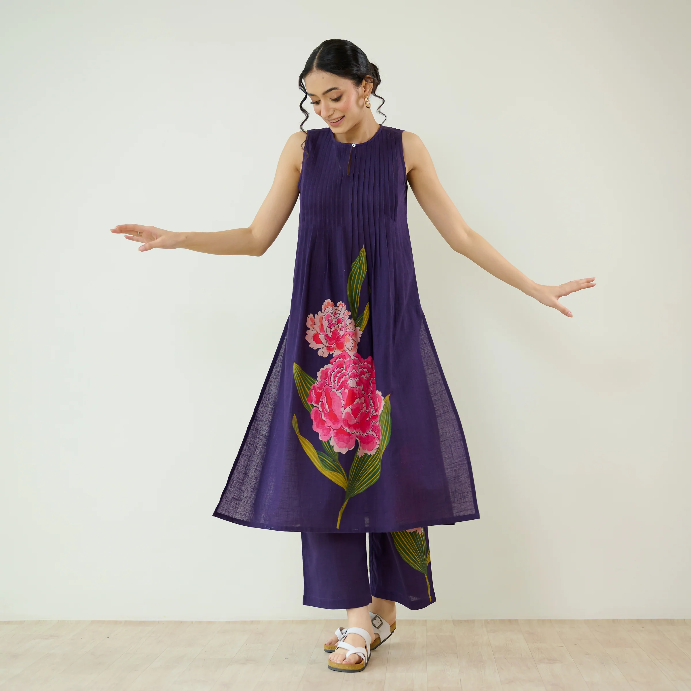 Belle Slub Cotton Kurta Set - Violet - Image 3