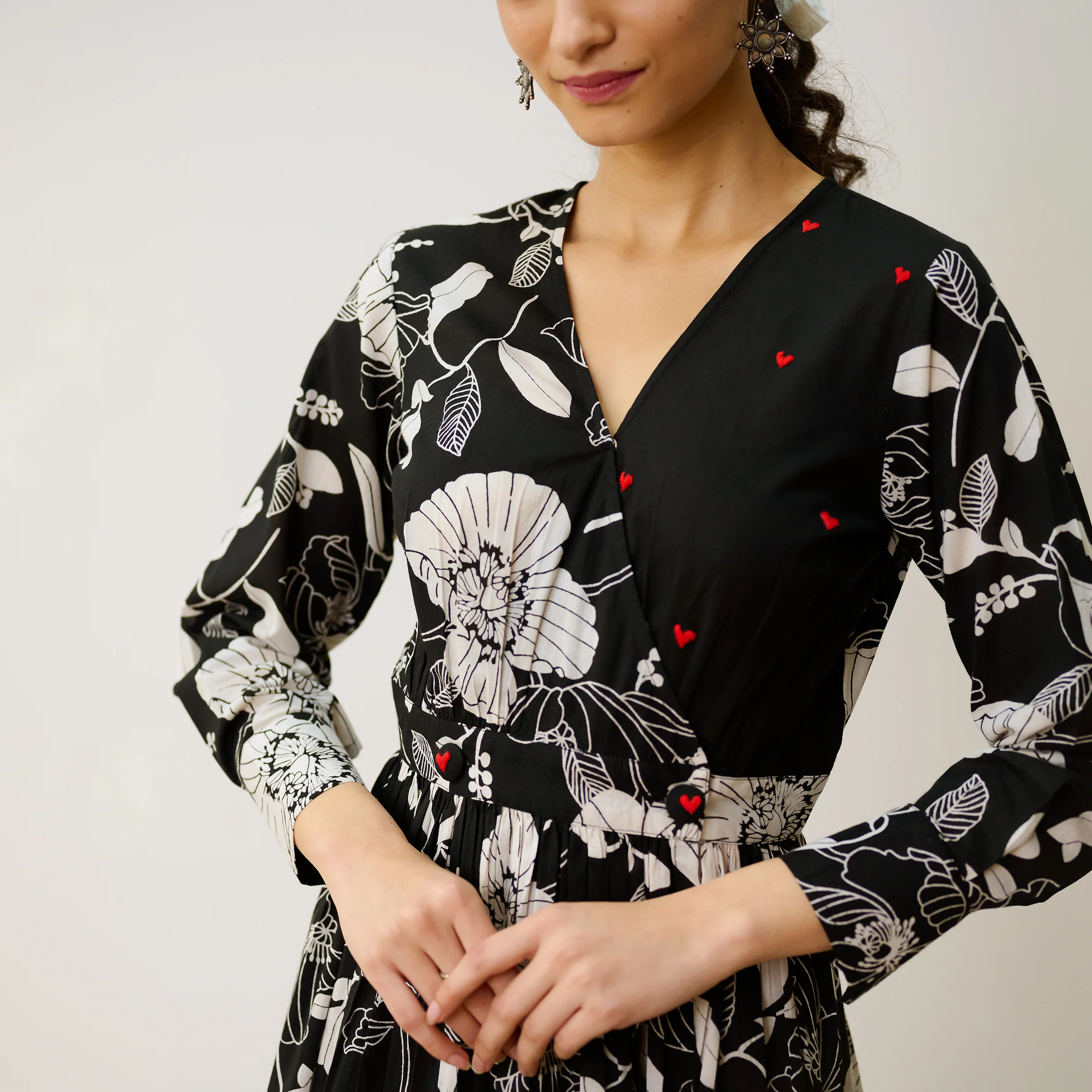 Black Ayesha Cotton Overlap Dress with Hand Embroidery Detail - Image 3