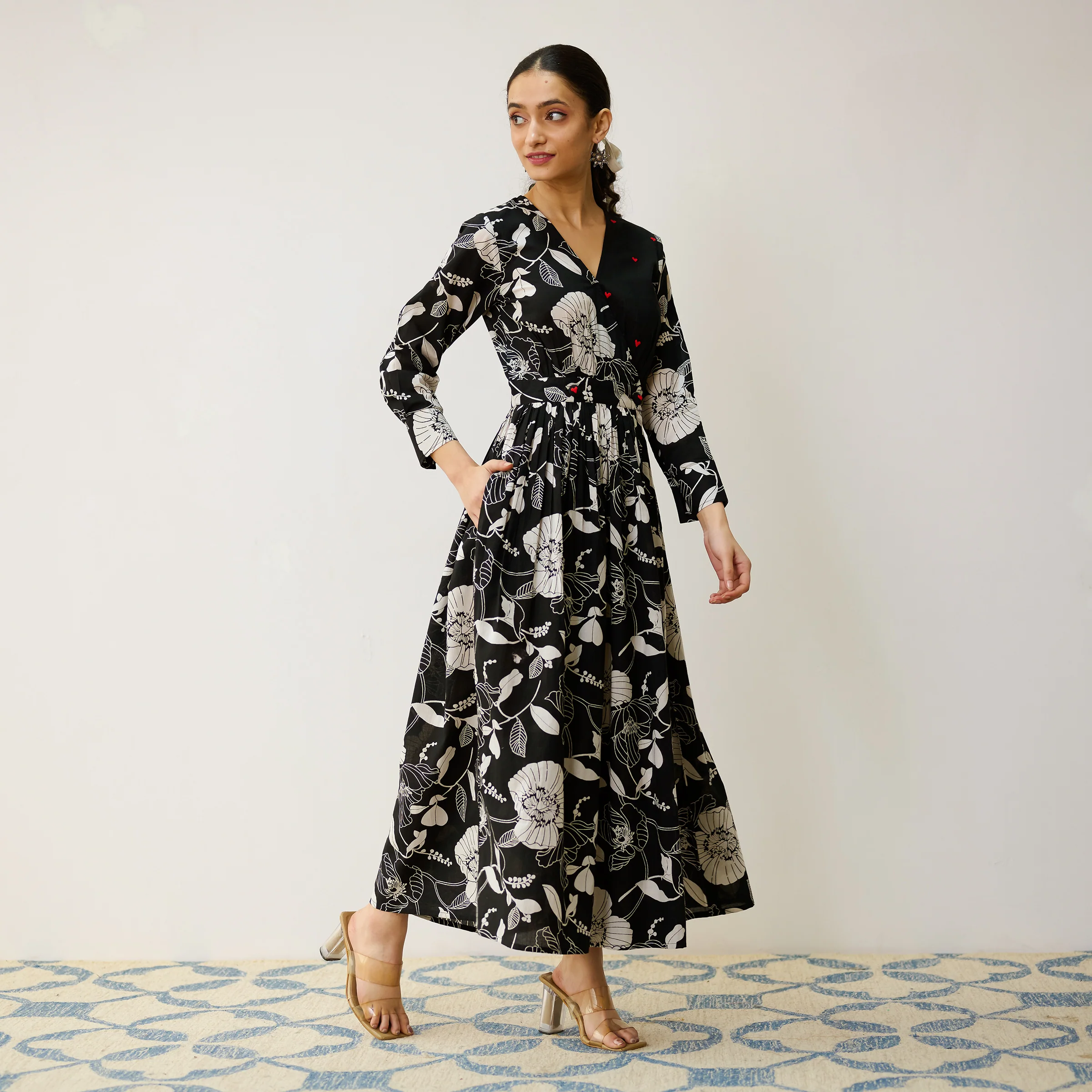 Black Ayesha Cotton Overlap Dress with Hand Embroidery Detail - Image 5