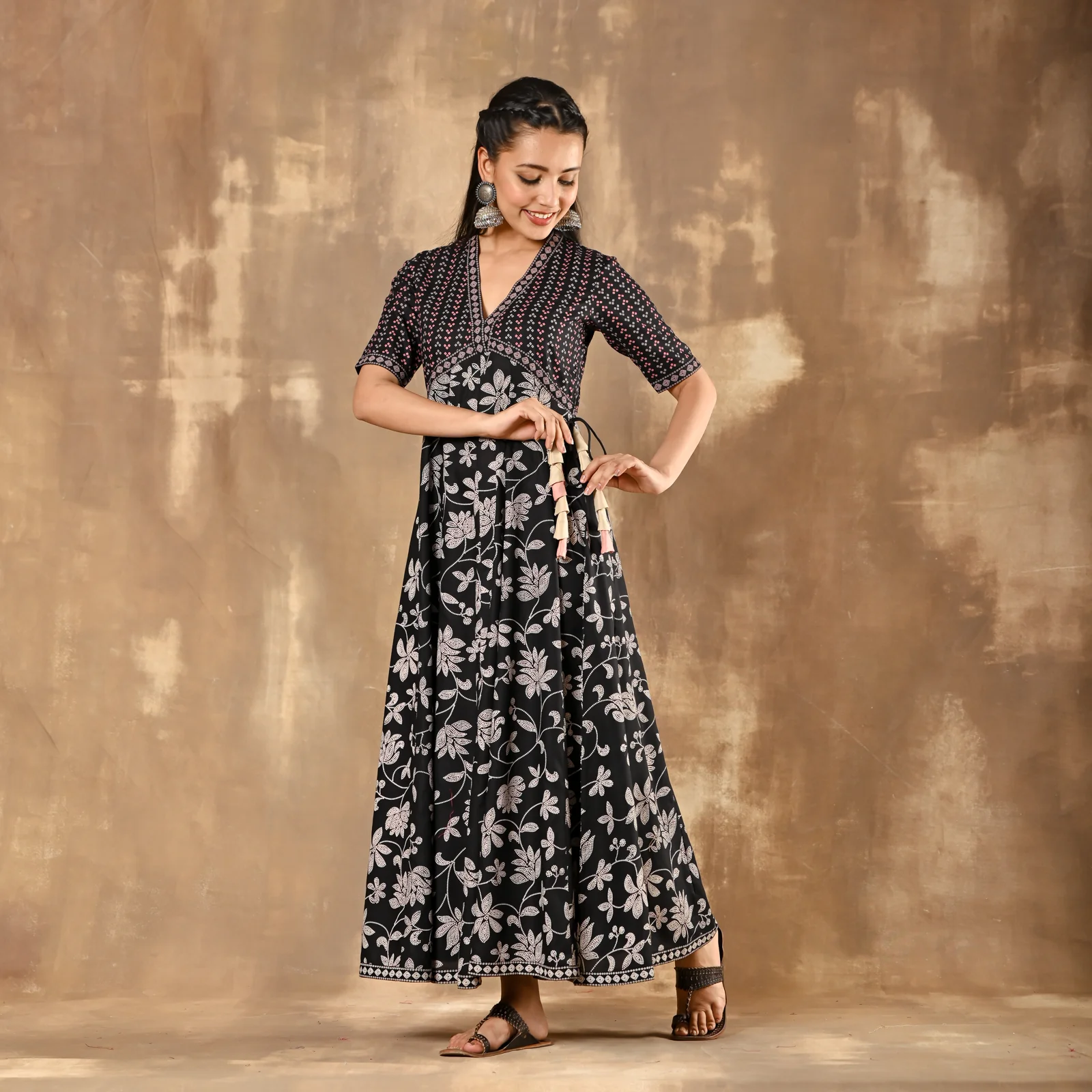 Black Bandhani Inspired Floral Dress - Image 3